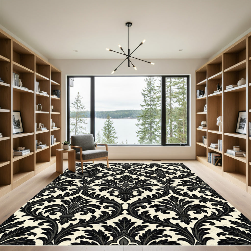 Black Ivory Flourish Damask Ornament Rug