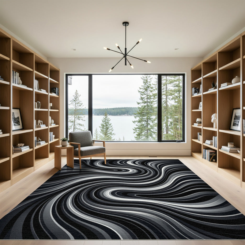 Monochromatic Swirl Abstract Lines Rug