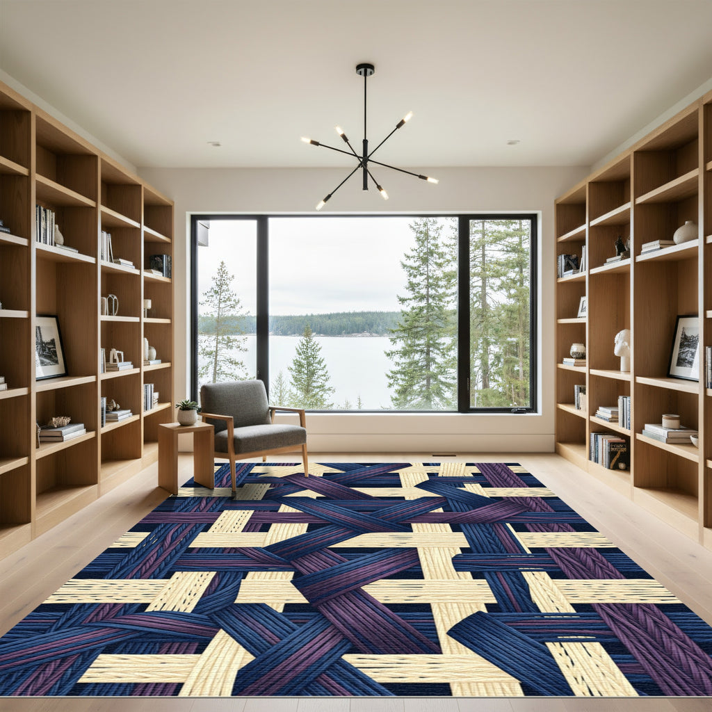 Modern Navy and Cream Woven Geometric Rug