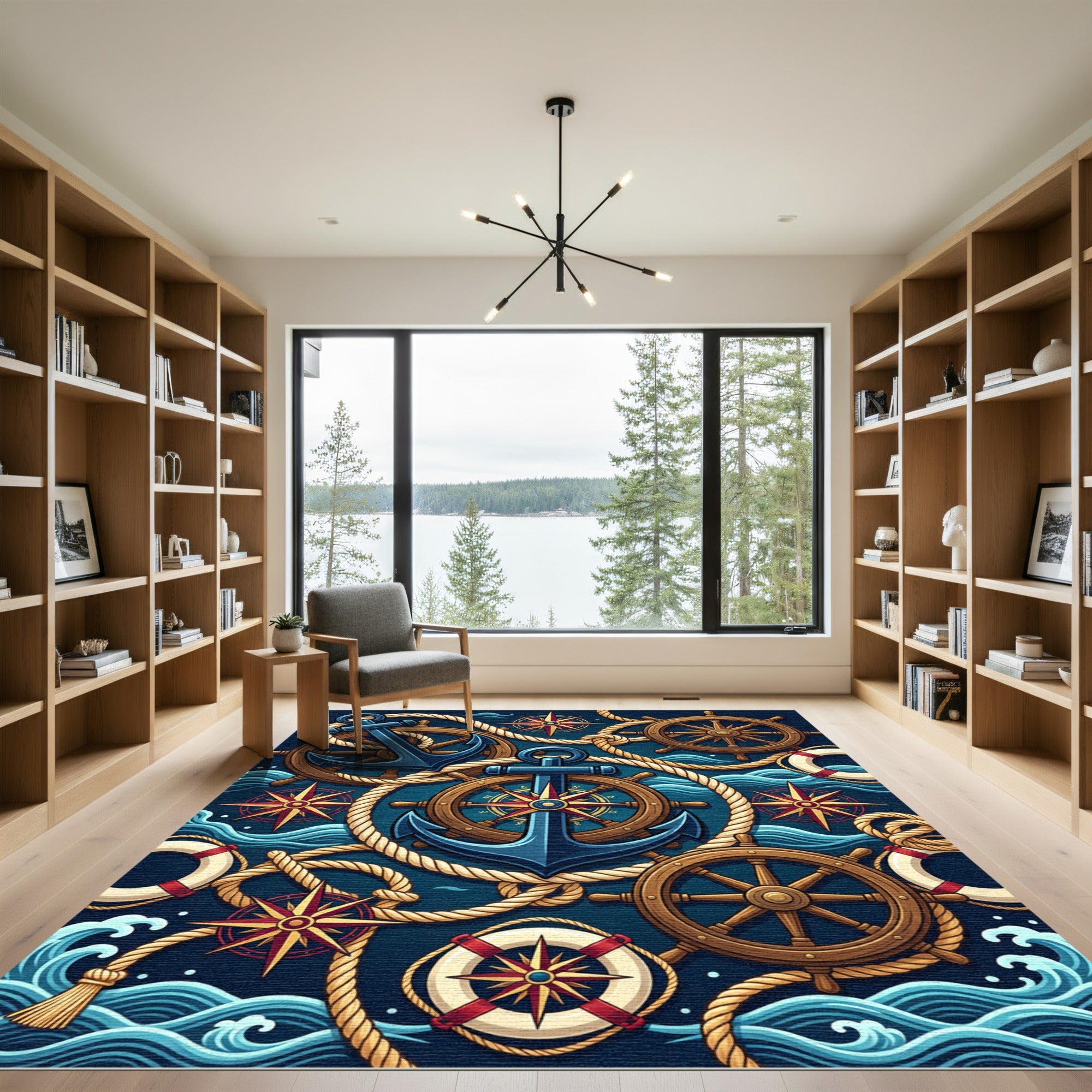 Nautical Navy Anchor Compass Steering Wheel Rug