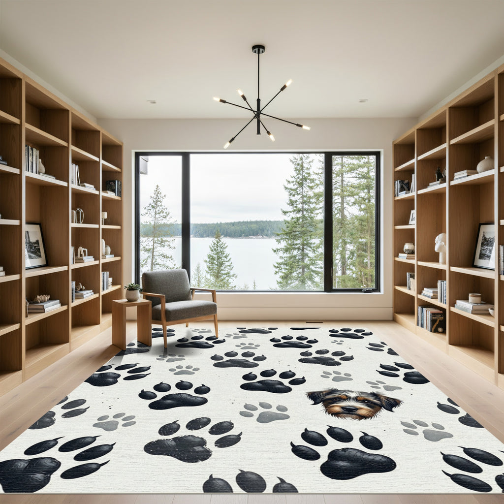 Playful Dark Paw Print Puppy Illustration Rug