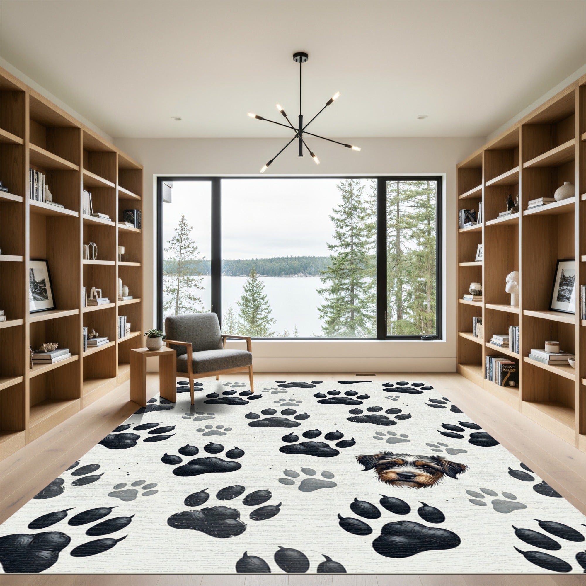 Playful Dark Paw Print Puppy Illustration Rug