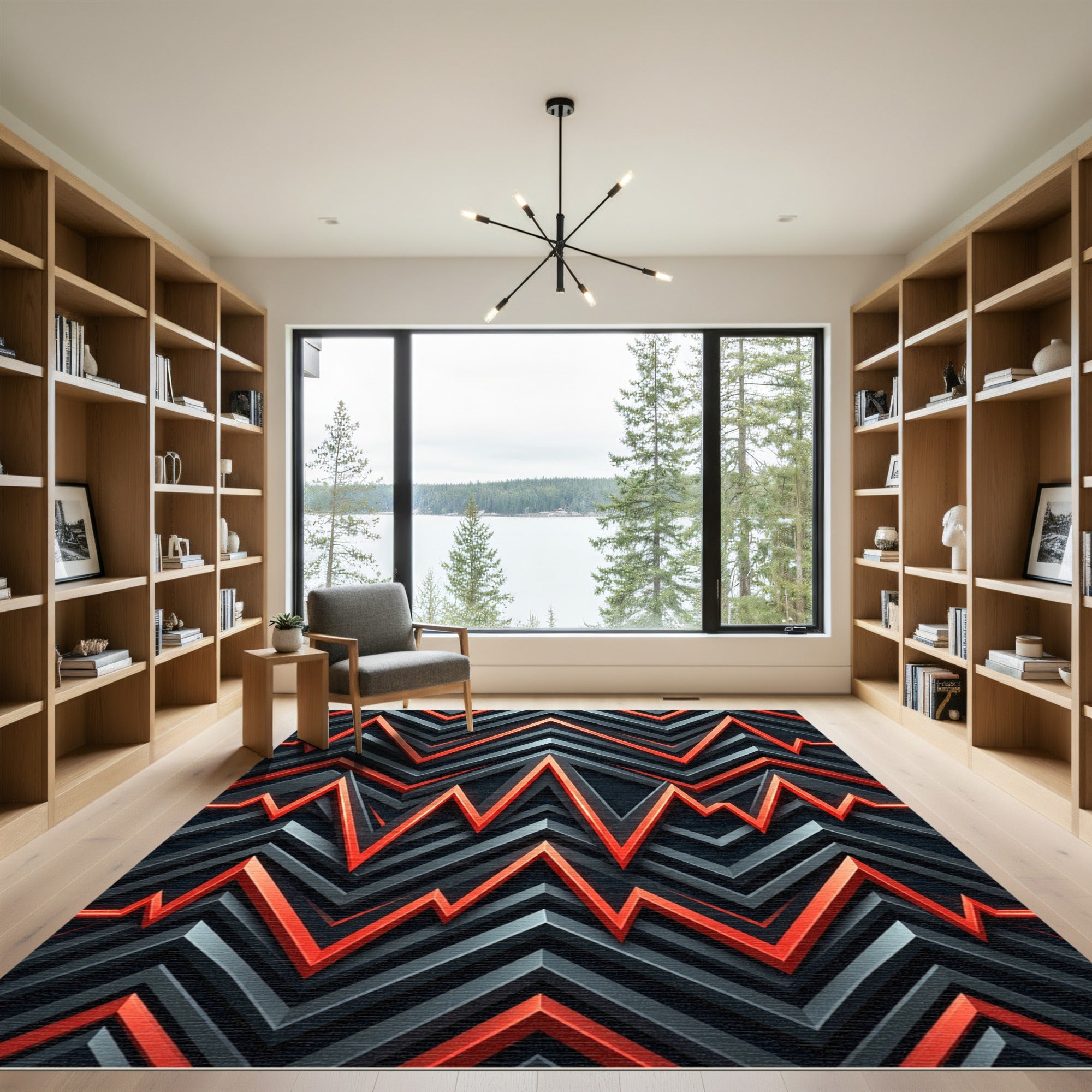Modern Geometric Red and Charcoal Zizag Rug