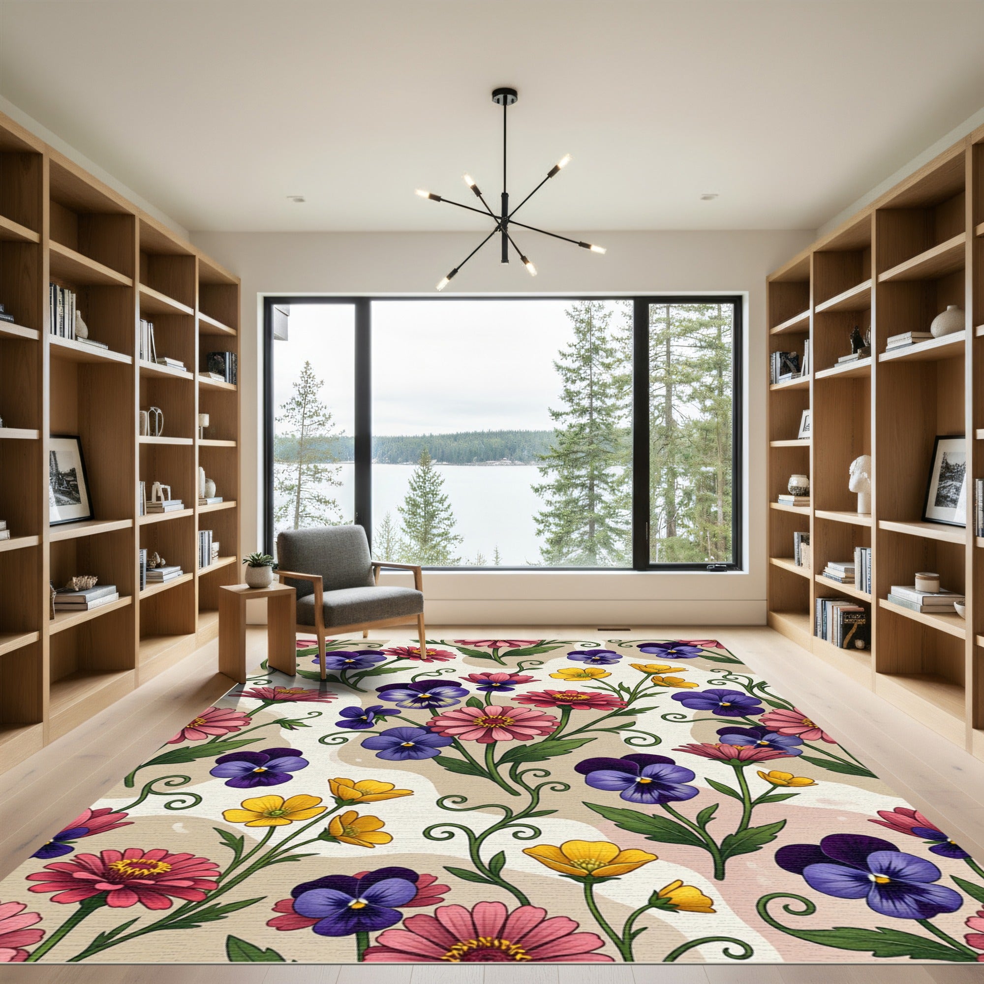 Vibrant Violet Pansies Pink Zinnias Yellow Rug