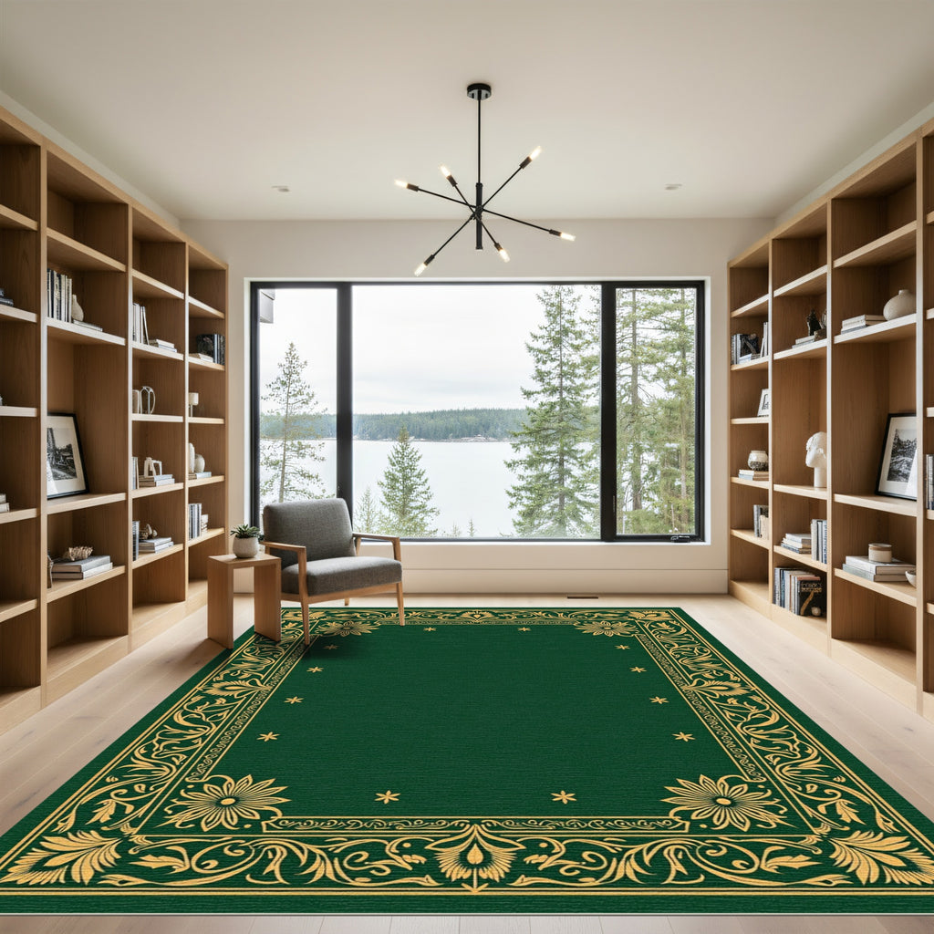 Golden Floral Border Dark Emerald Rug