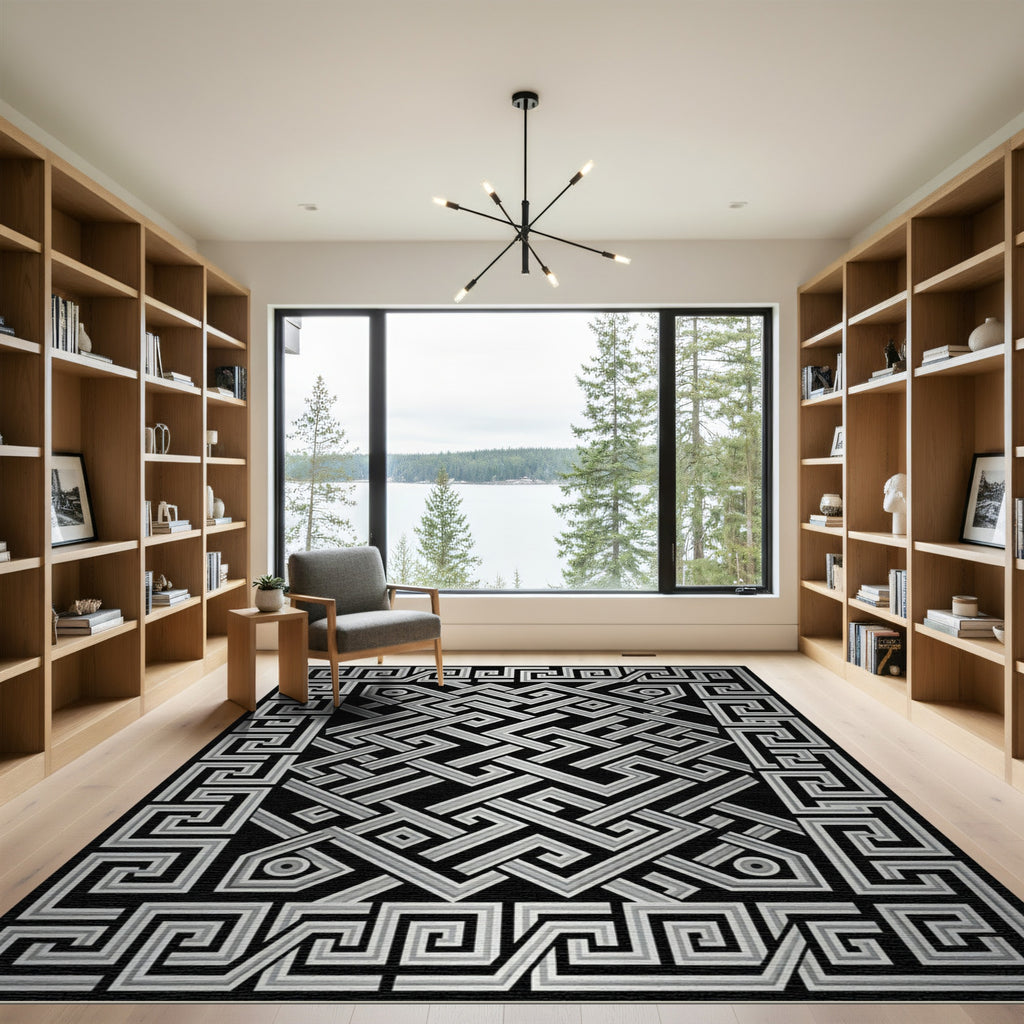 Monochromatic Silver Interlocking Geometric Maze Rug