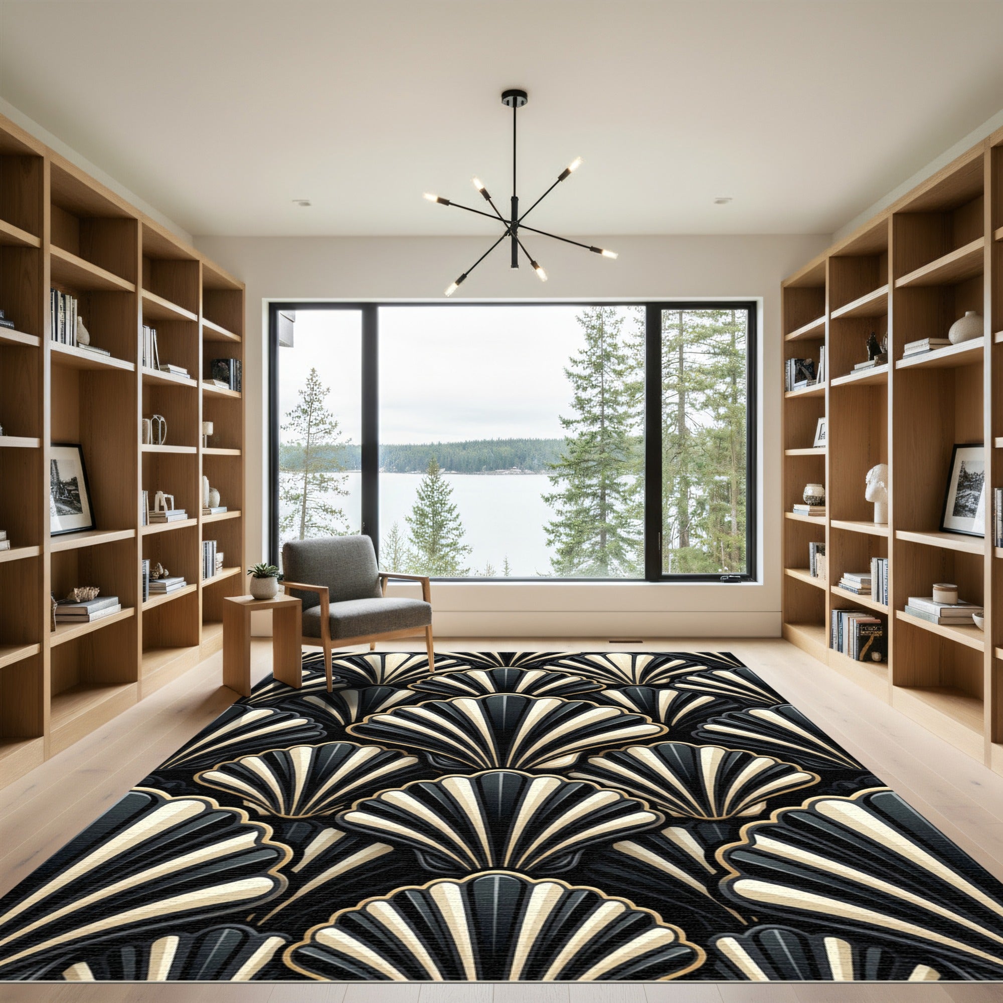 Elegant Black Ivory Fan Accordion Rug