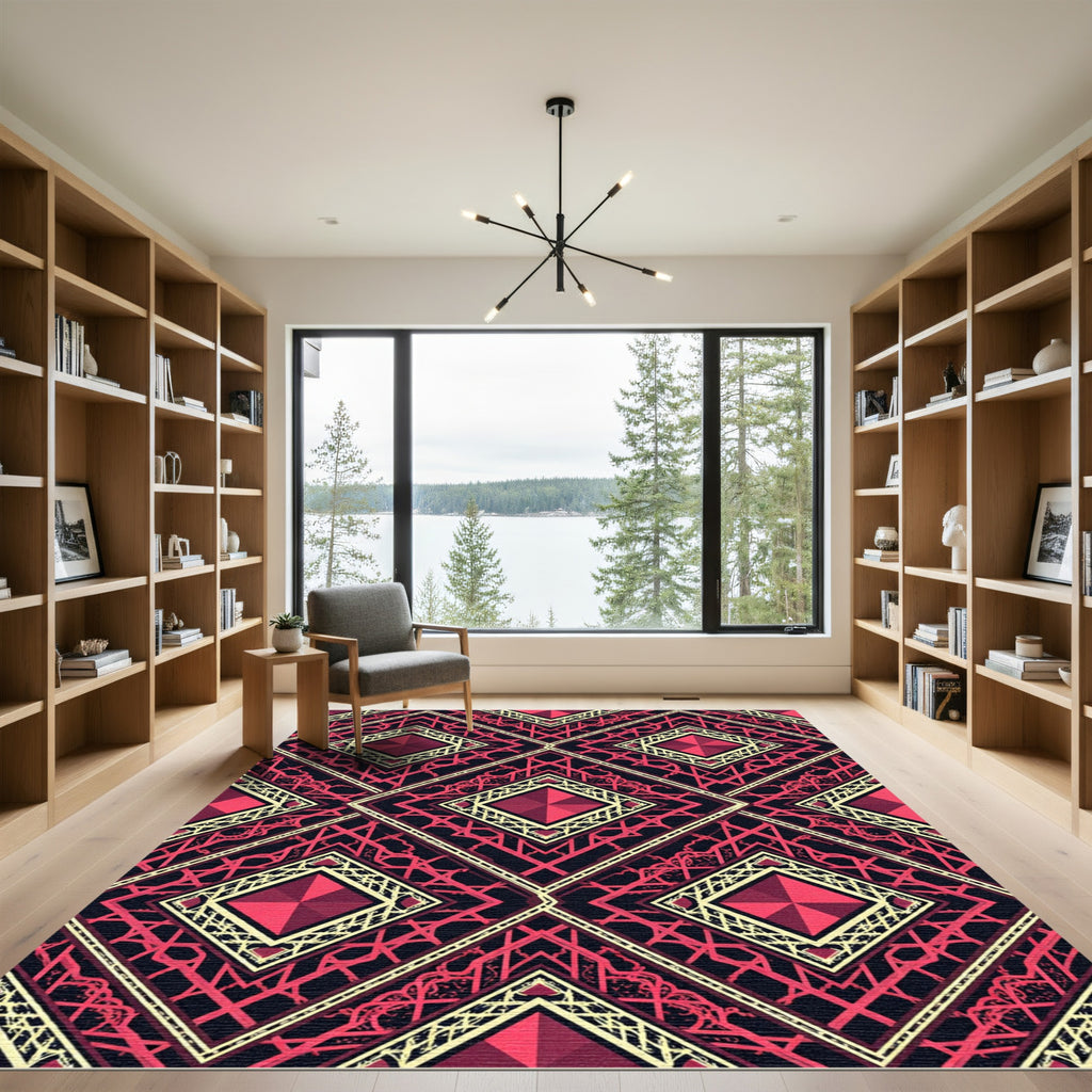 Deep Crimson Geometric Diamond Art Deco Rug