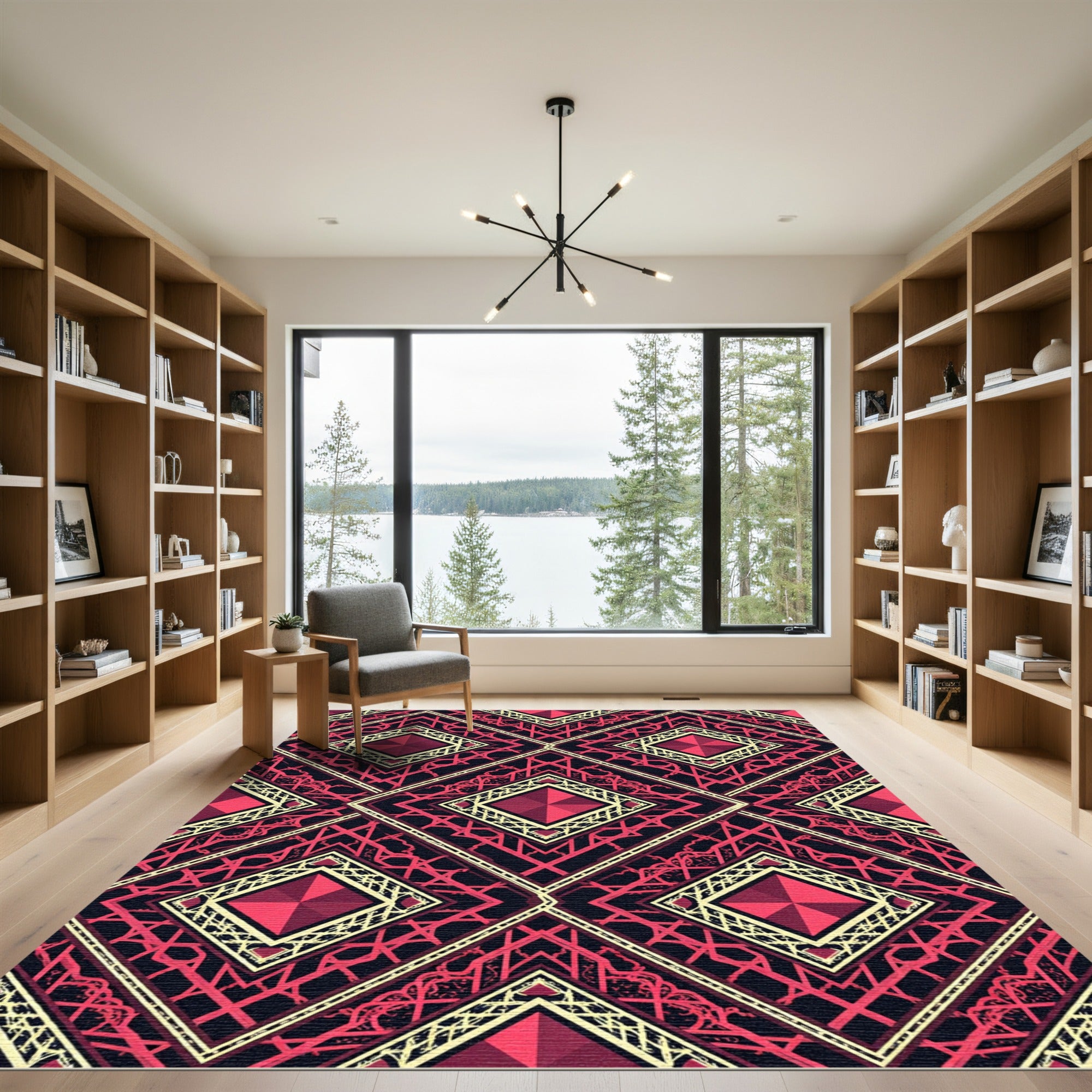 Deep Crimson Geometric Diamond Art Deco Rug