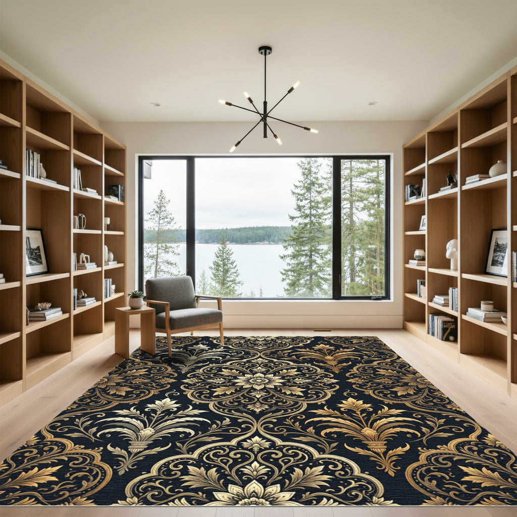 Ornate Gold Floral Damask Rug