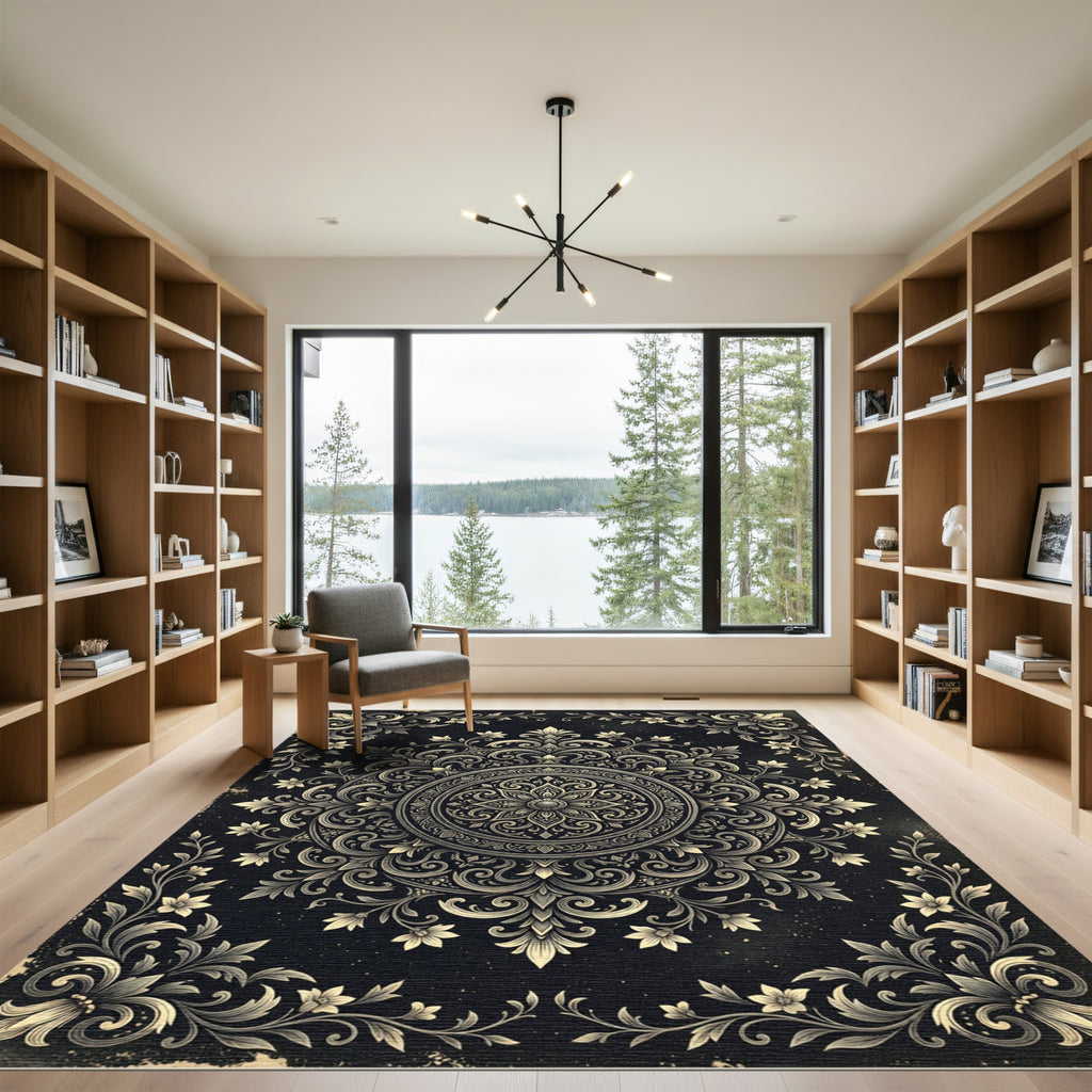 Ornate Black and Gold Floral Mandala Rug