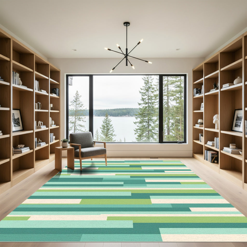 Modern Green Teak Geometric Stripe Rug