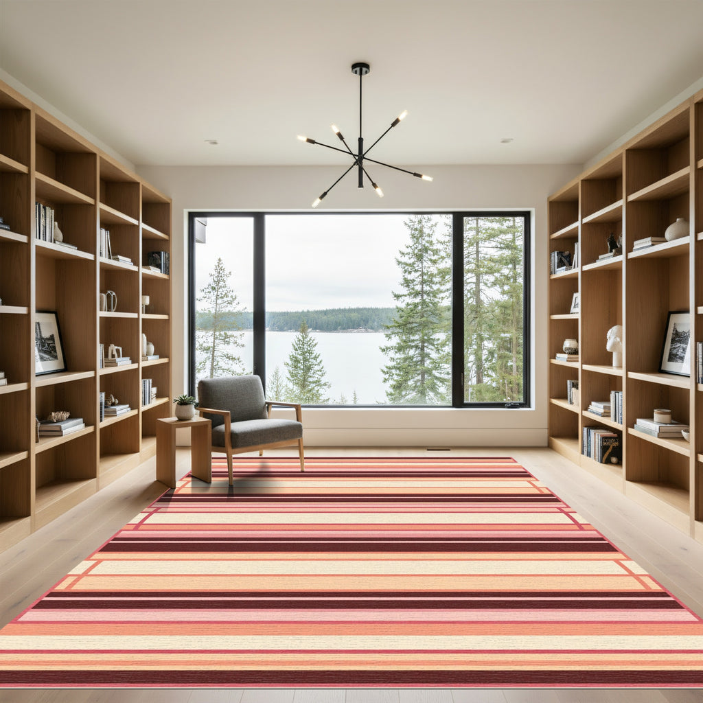 Warm Coral Red Striped Contemporary Rug