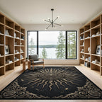 Ornate Golden Solar Medallion Black Rug