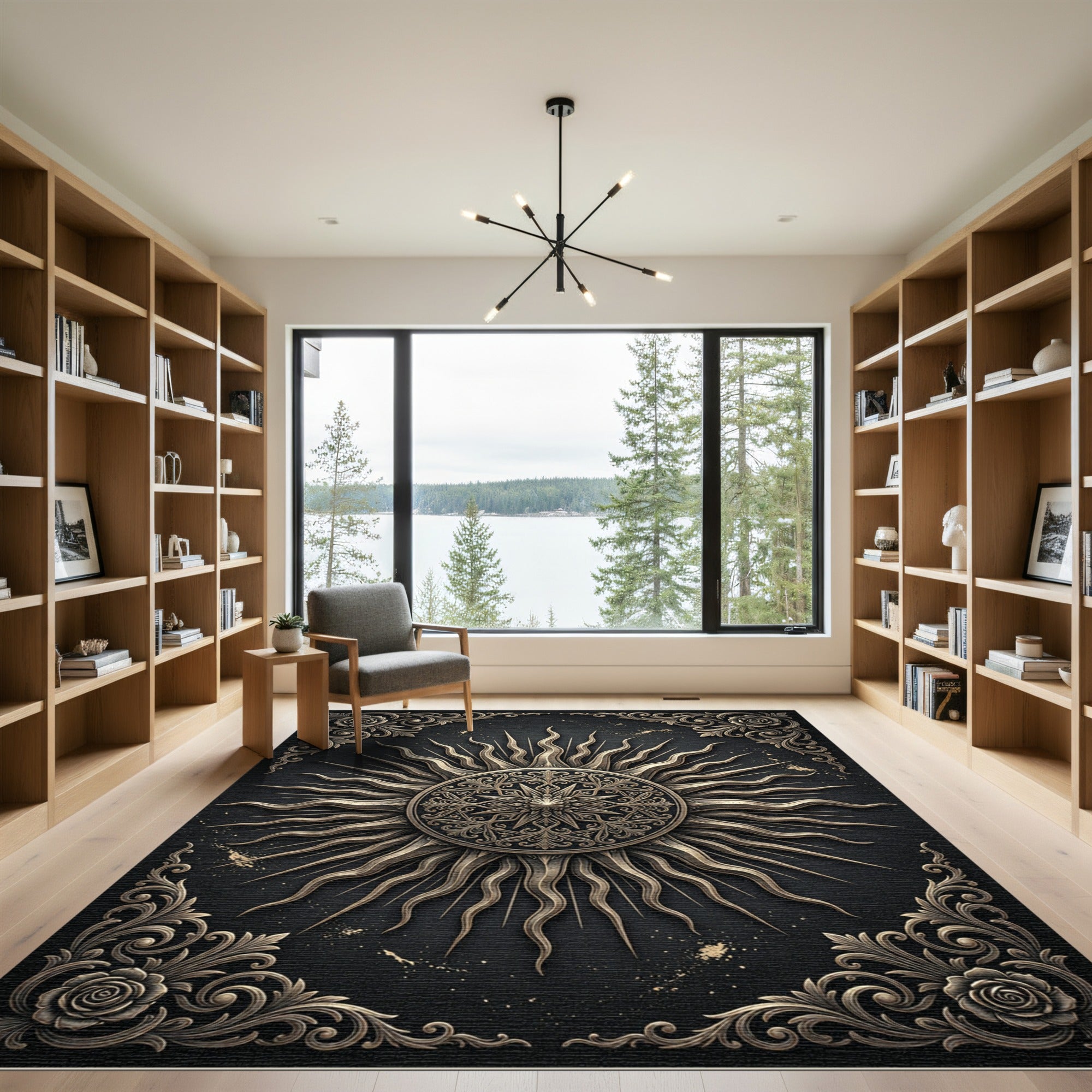 Ornate Golden Solar Medallion Black Rug