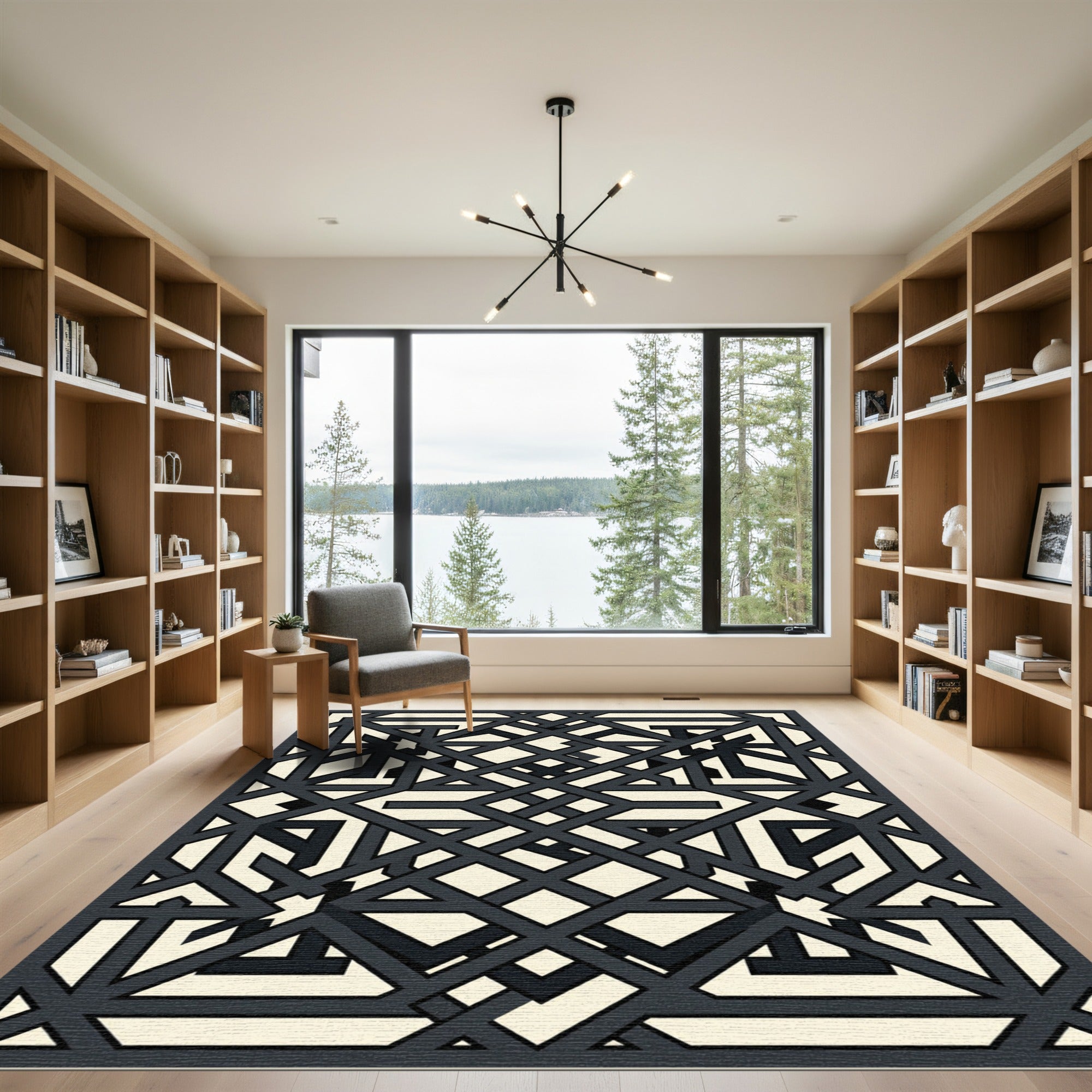 Modern Charcoal Cream Interlocking Geometric Lattice Rug