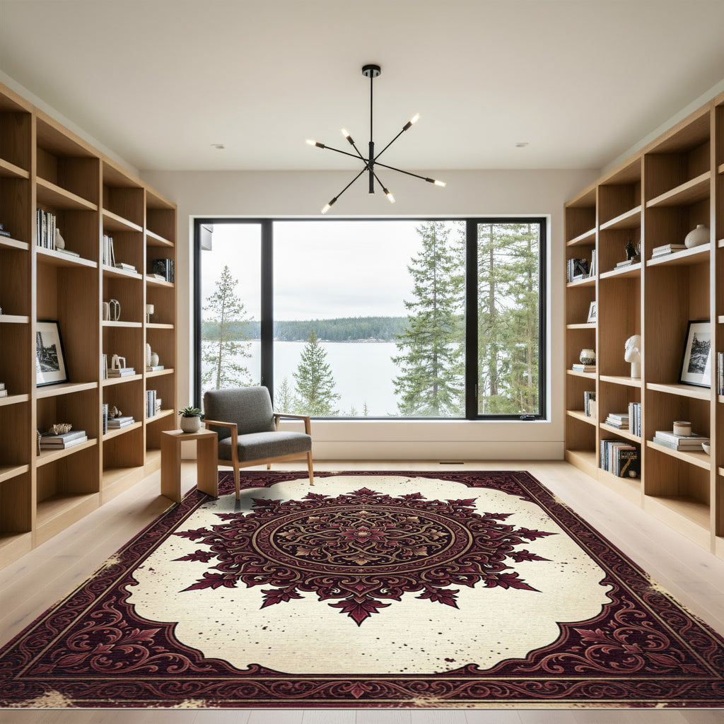 Intricate Burgundy Floral Damask Mandala Rug