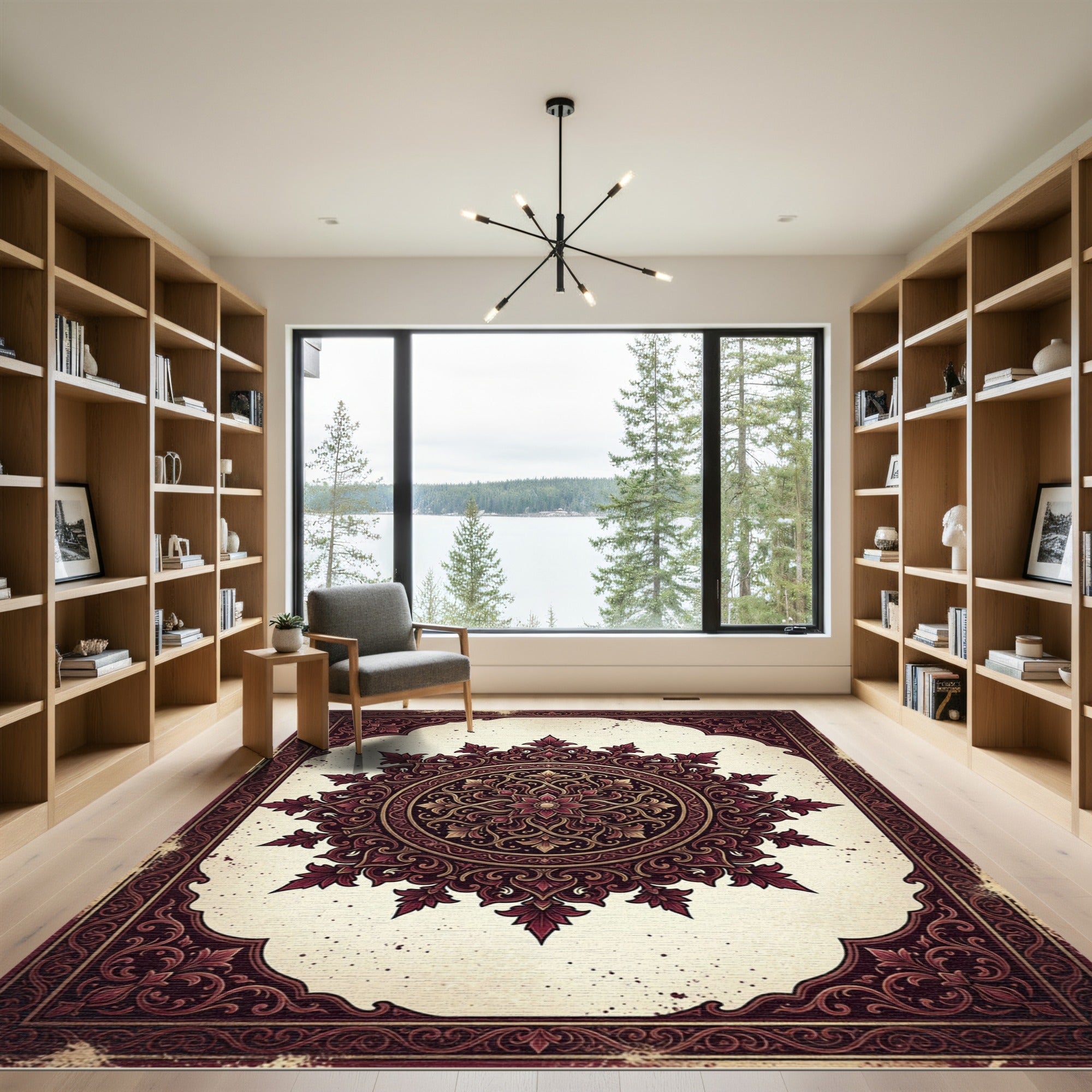 Intricate Burgundy Floral Damask Mandala Rug