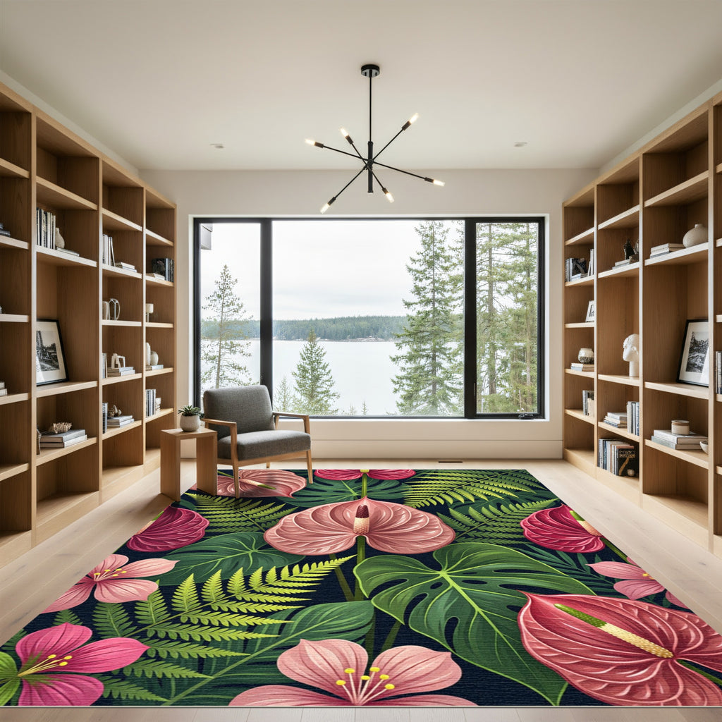 Lush Pink Anthurium Tropical Foliage Rug
