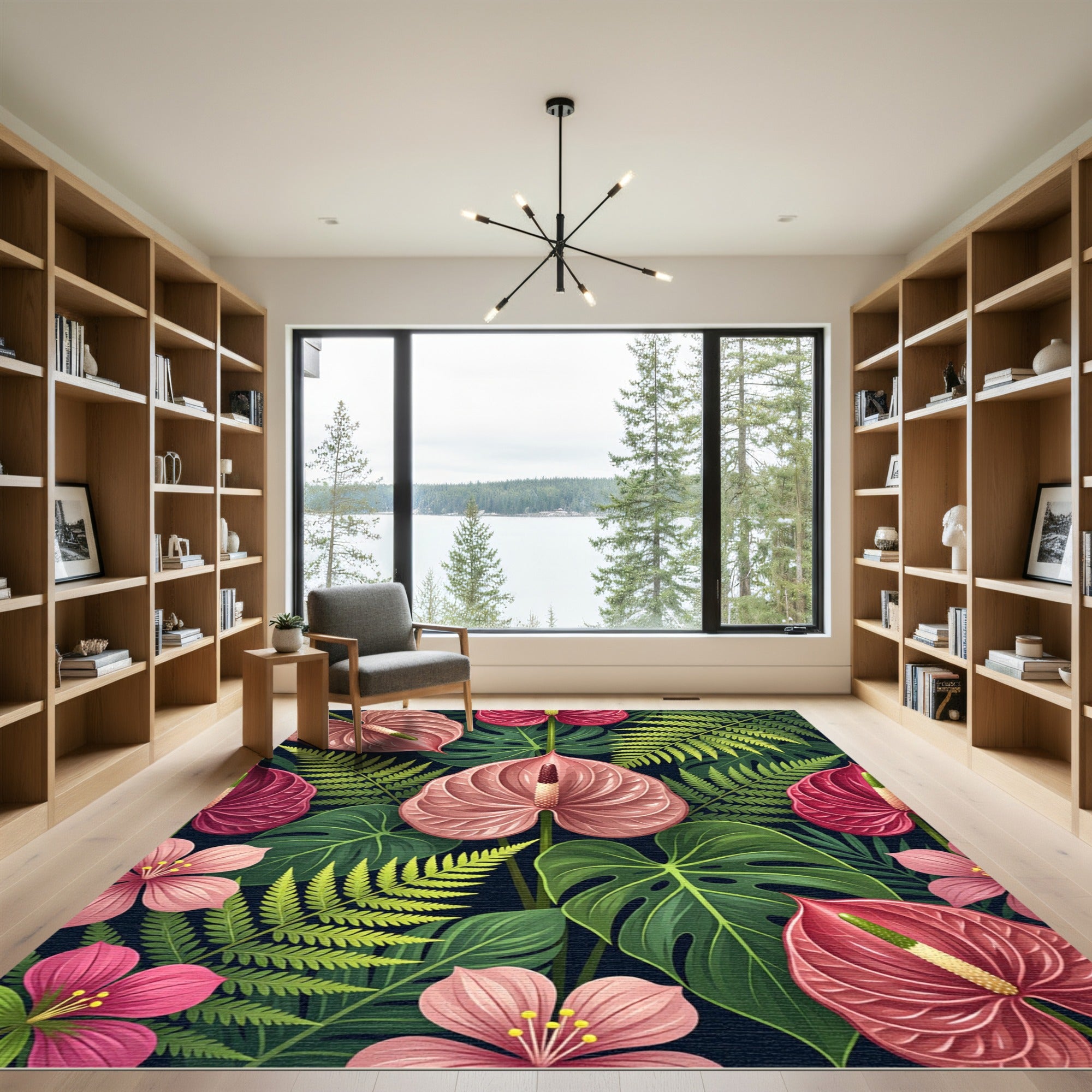Lush Pink Anthurium Tropical Foliage Rug
