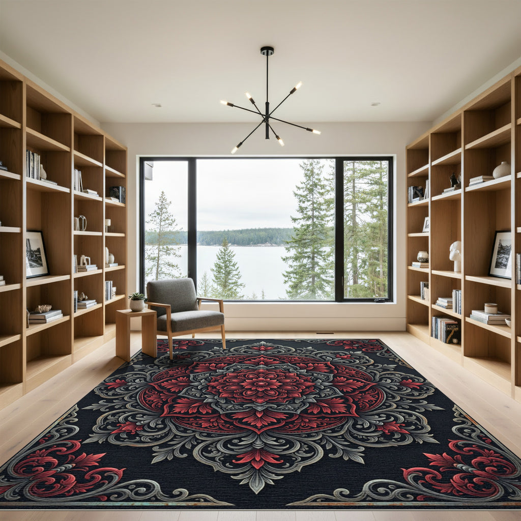 Ornate Crimson and Slate Floral Medallion Rug