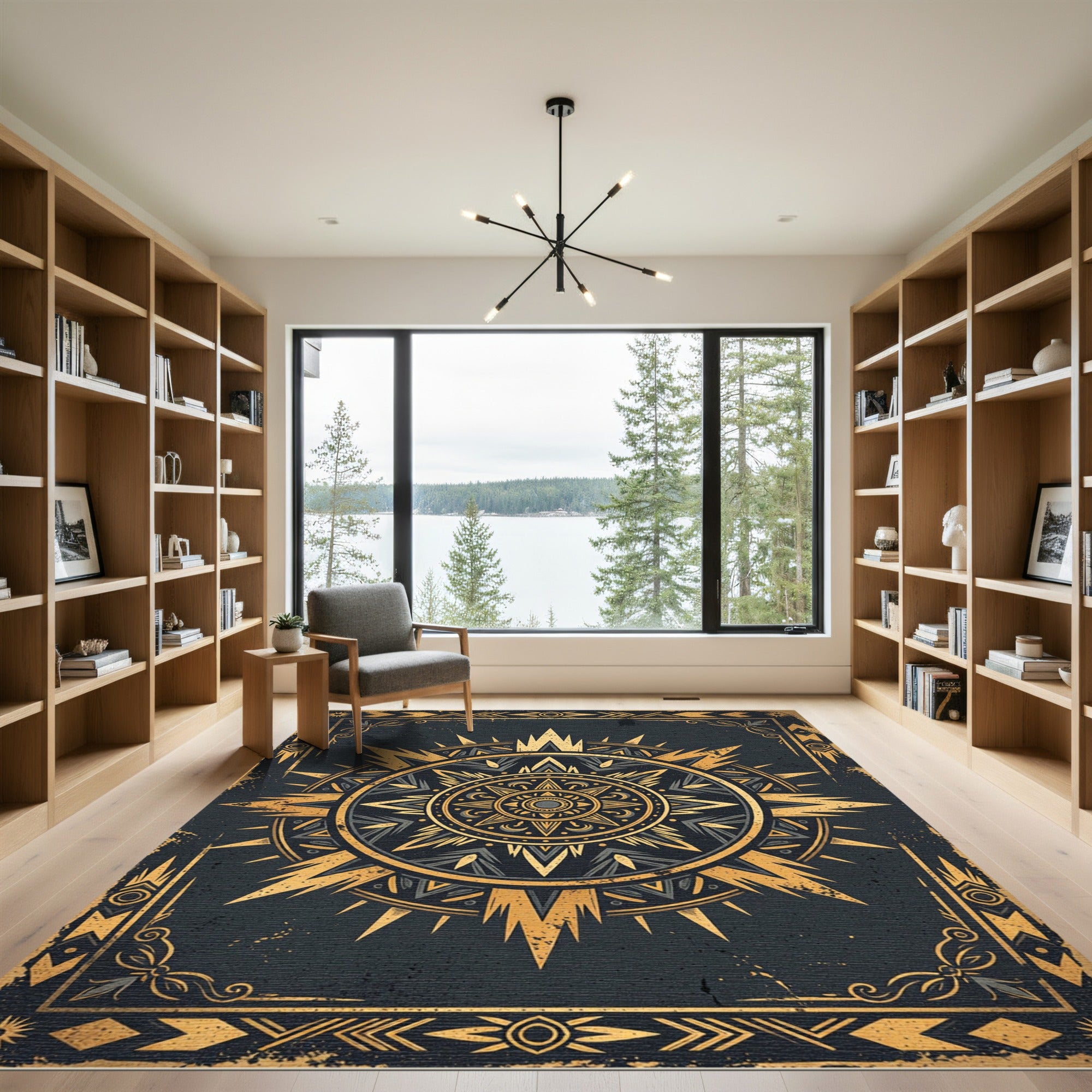 Golden Celestial Sunburst Art Deco Rug