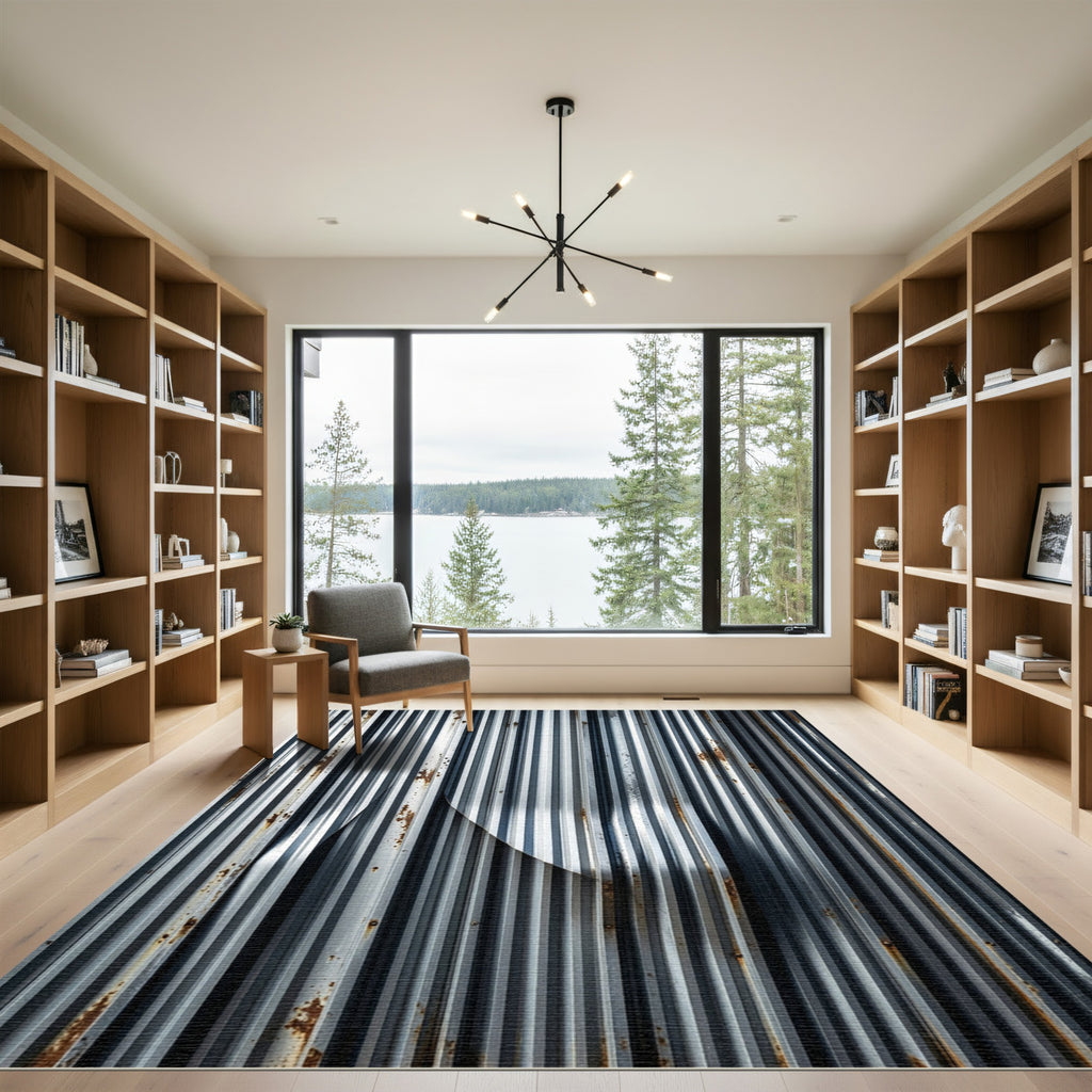 Metallic Industrial Corrugated Silver Striped Rug