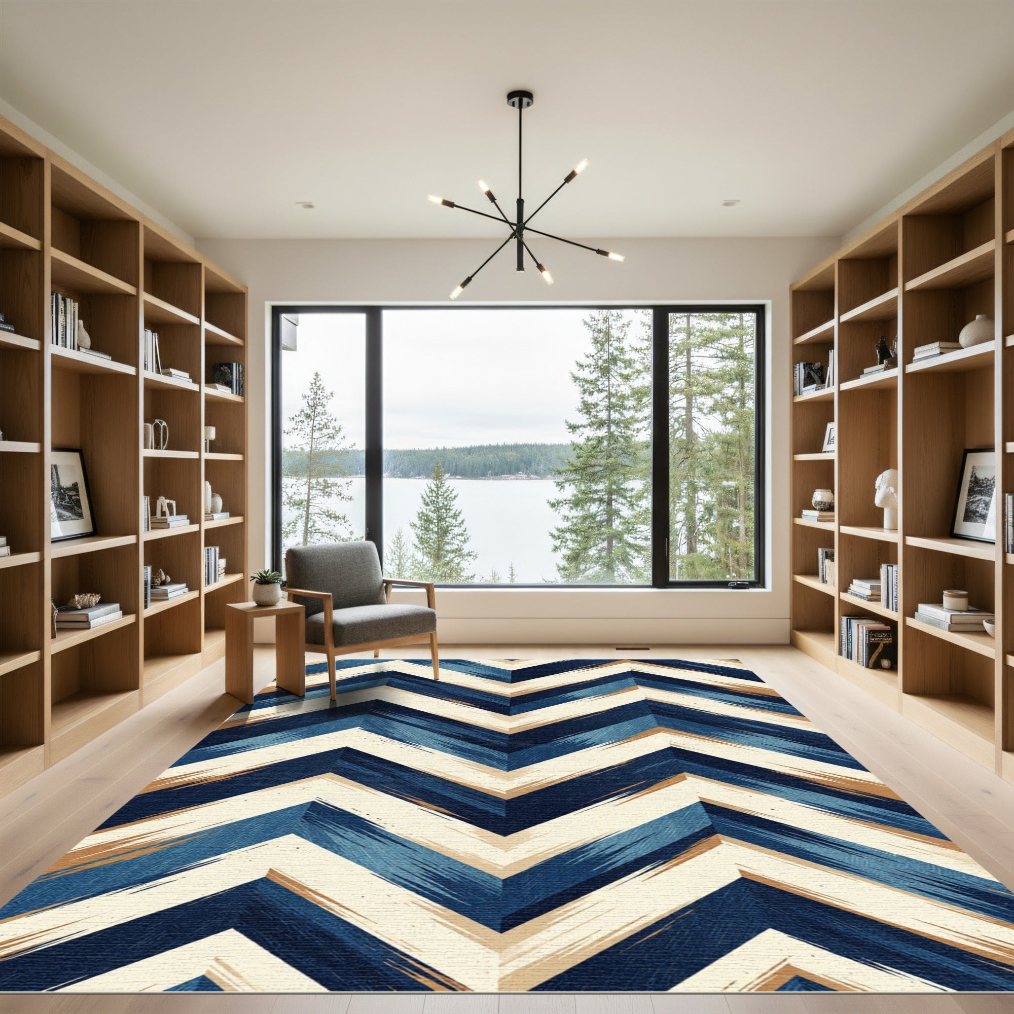 Textured Blue Tan Chevron Stripes Rug