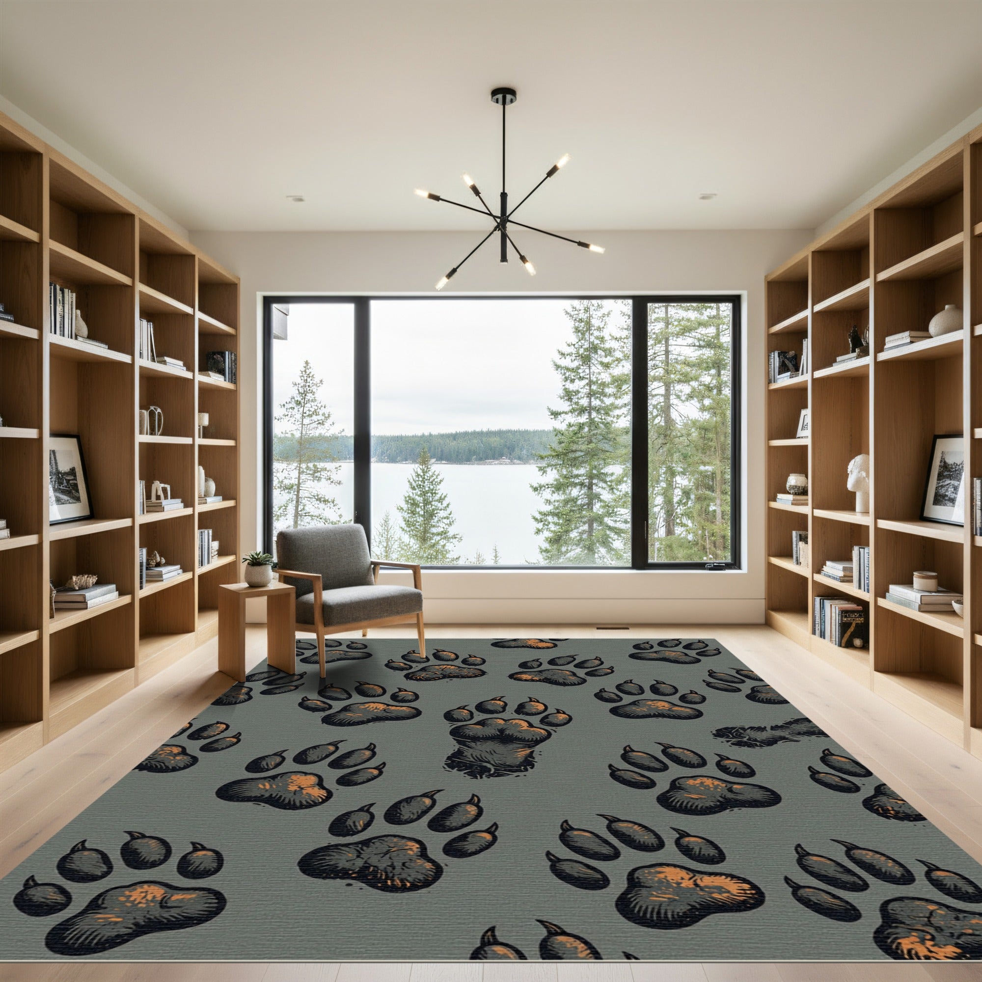 Rustic Charcoal Bear Paw Footprint Rug