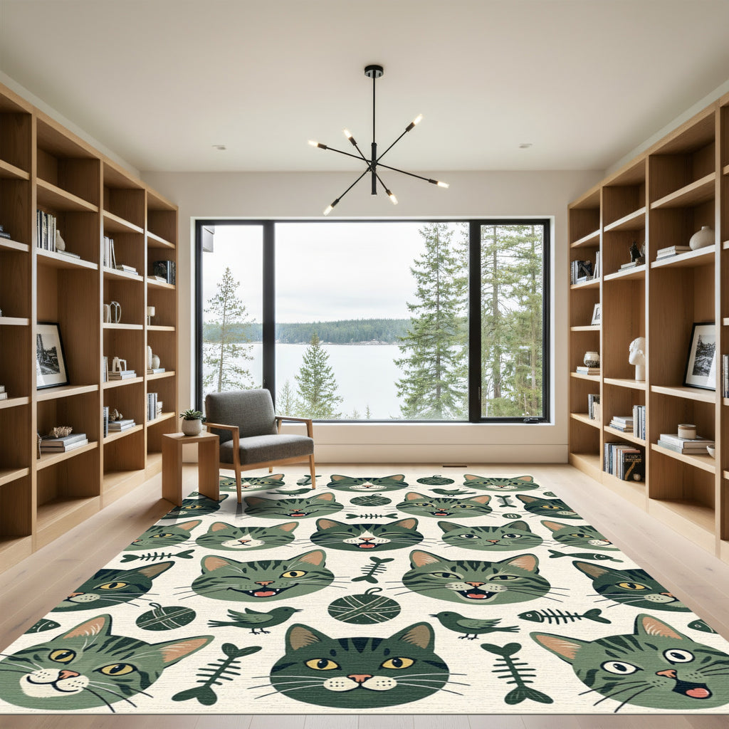 Whimsical Olive Green Tabby Cat Rug