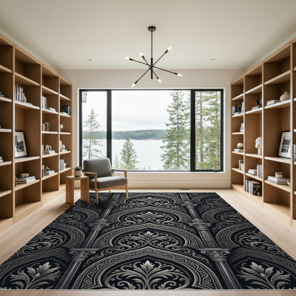 Ornate Black Silver Floral Arch Rug