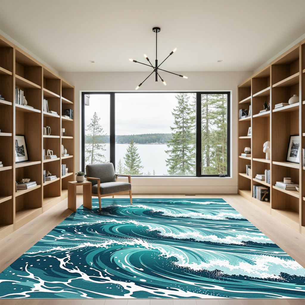 Deep Teal Rolling Ocean Waves Rug