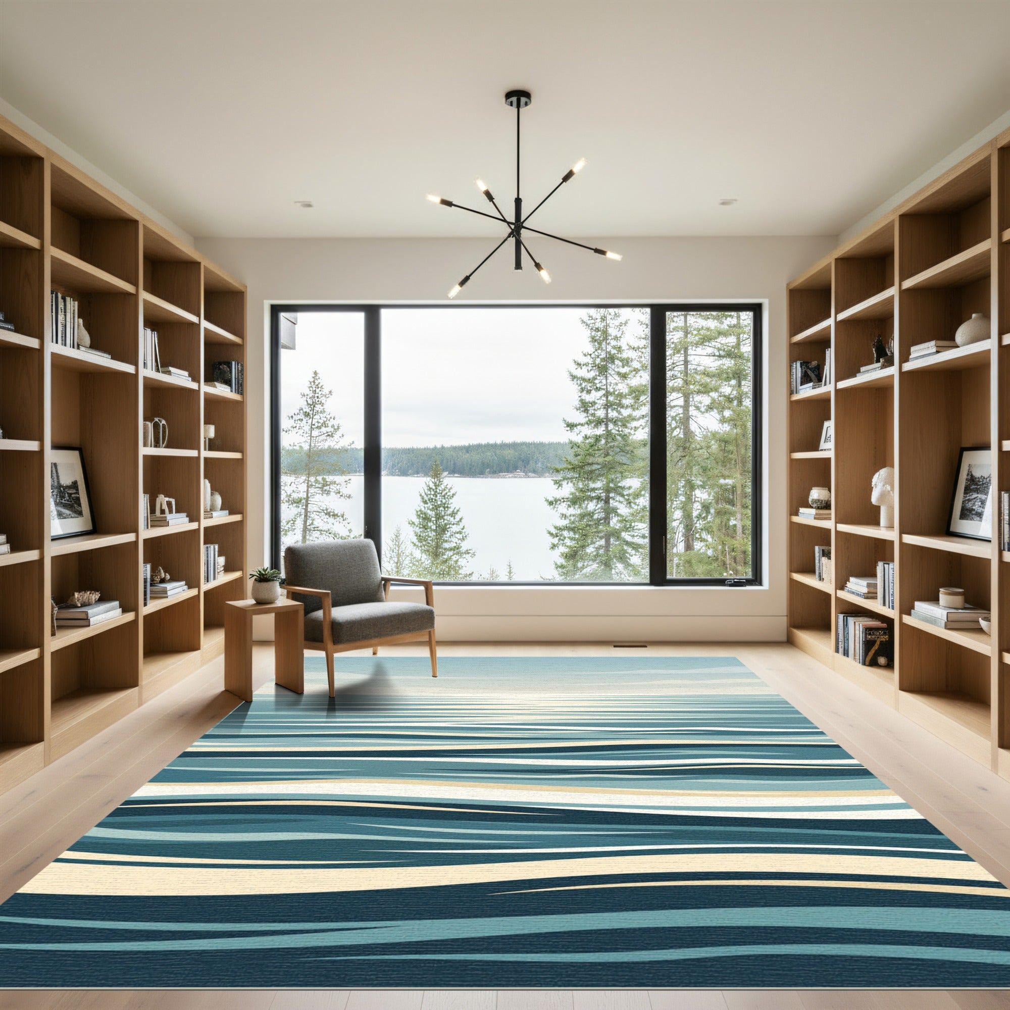 Serene Blue Abstract Ocean Wave Rug