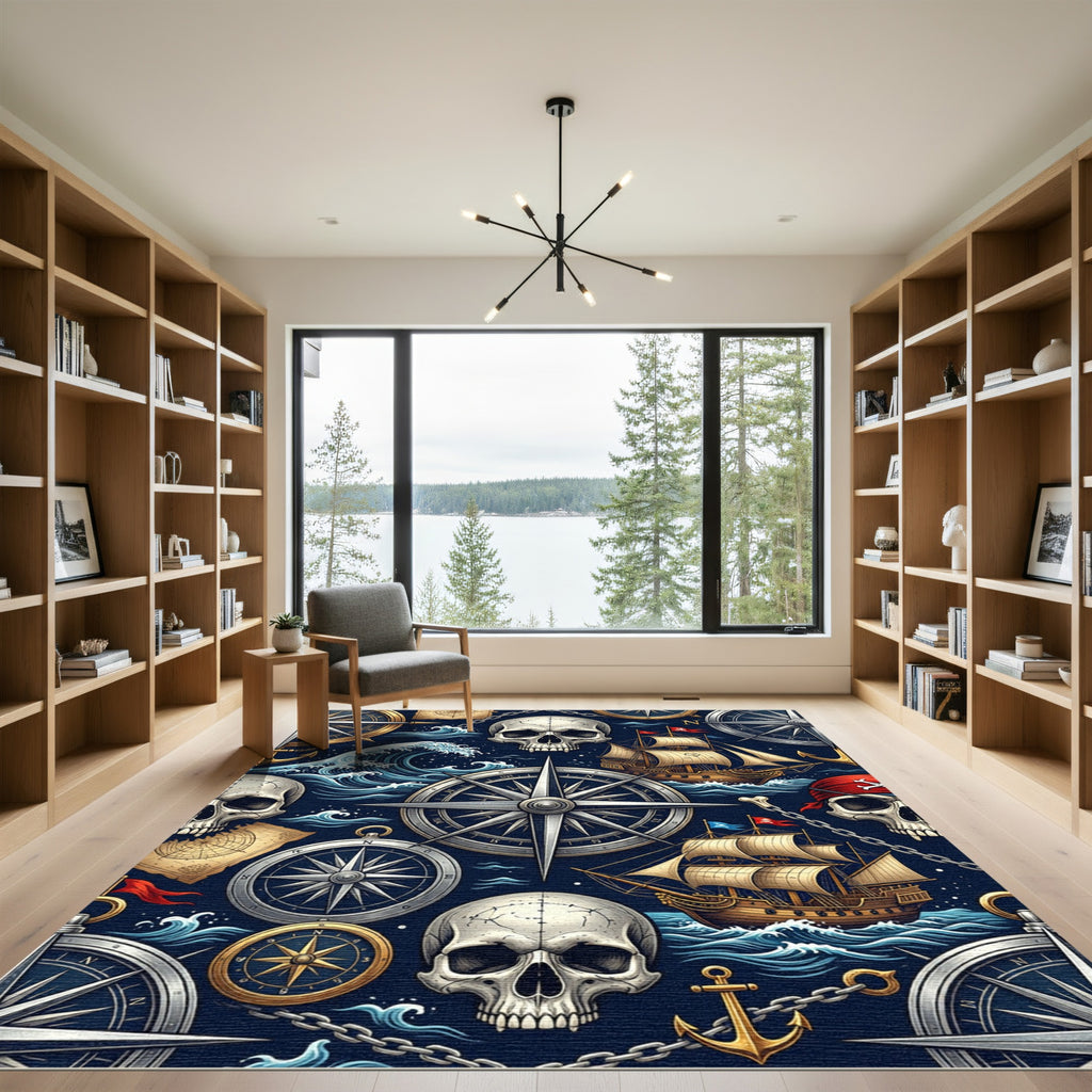 Vintage Nautical Skull And Compass Mariner Rug