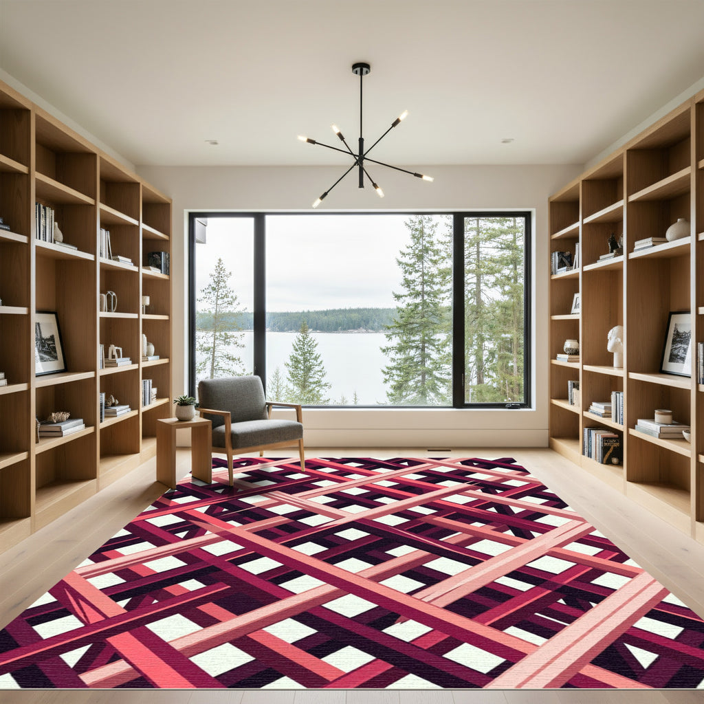 Abstract Crimson Lattice Grid Rug