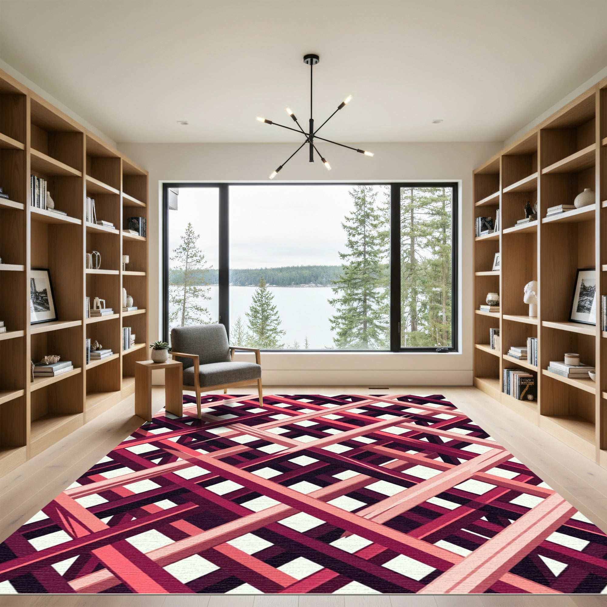 Abstract Crimson Lattice Grid Rug