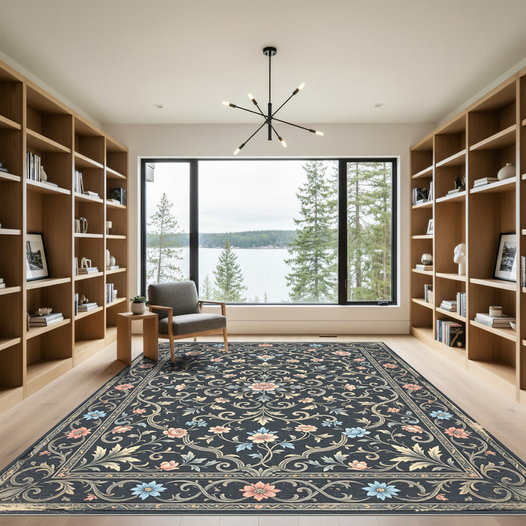 Elegant Floral Scroll Navy Rose Rug