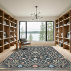 Elegant Floral Scroll Navy Rose Rug