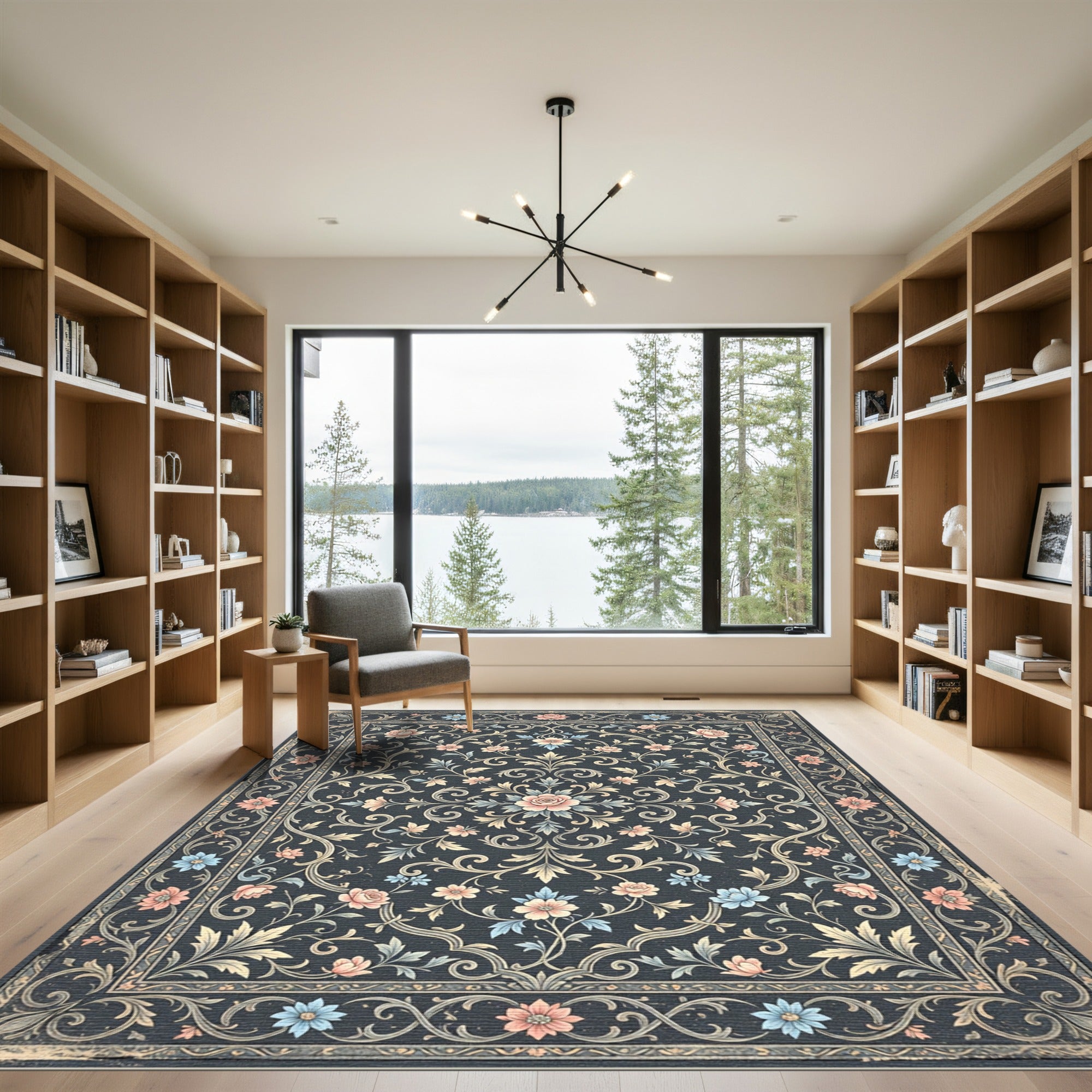 Elegant Floral Scroll Navy Rose Rug