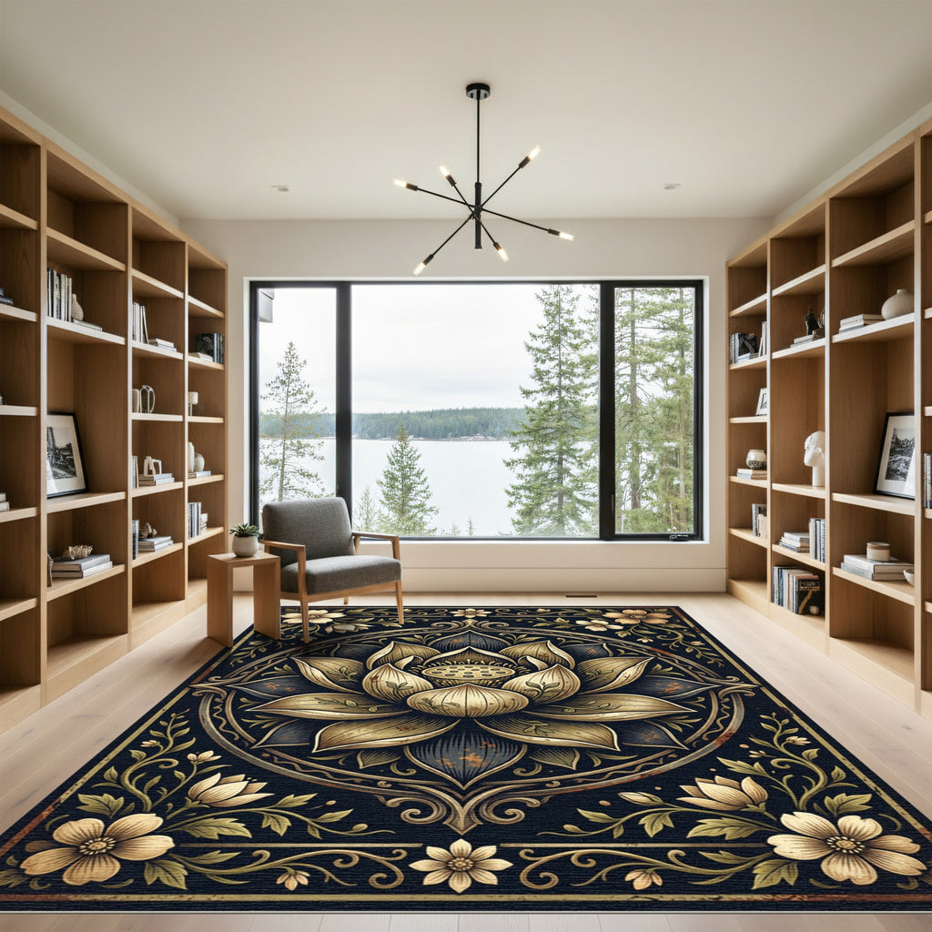 Golden Lotus Medallion Dark Botanical Rug