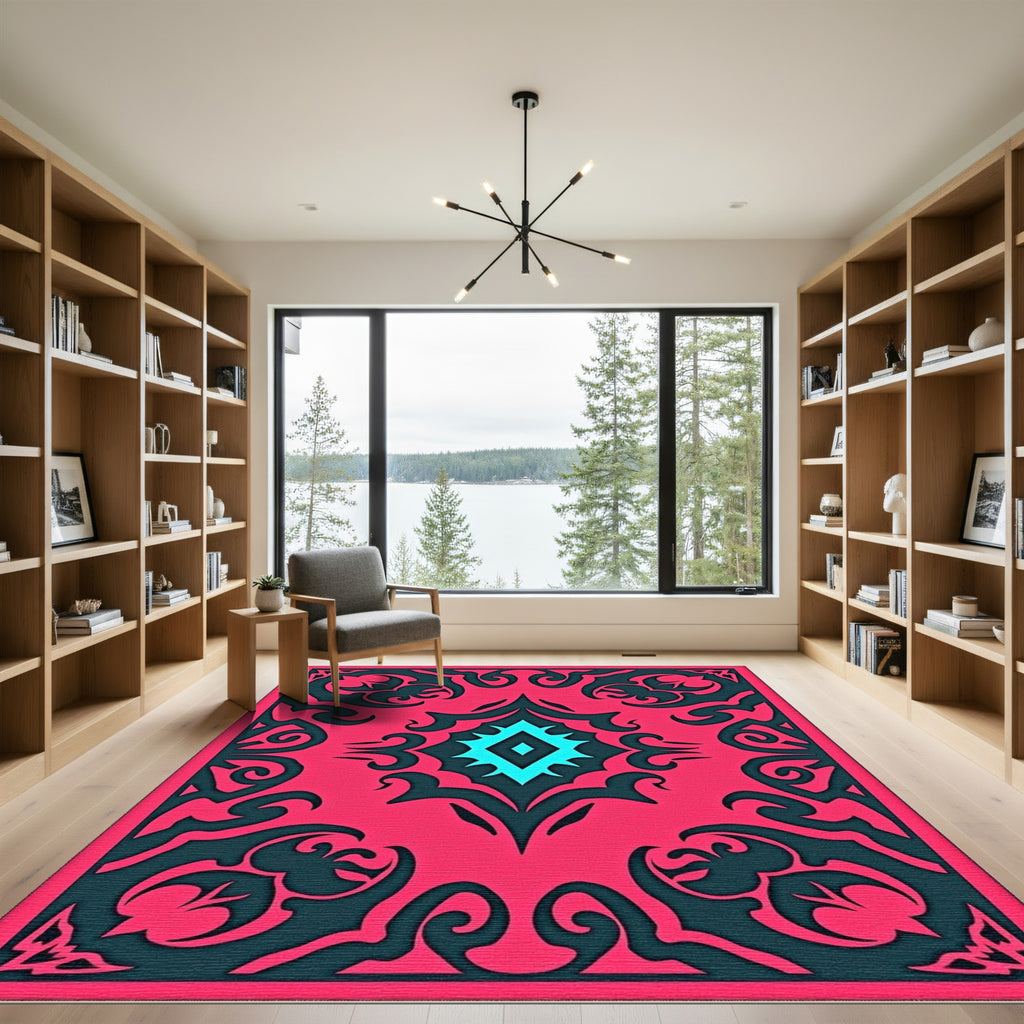 Radiant Pink Teal Diamond Medallion Rug