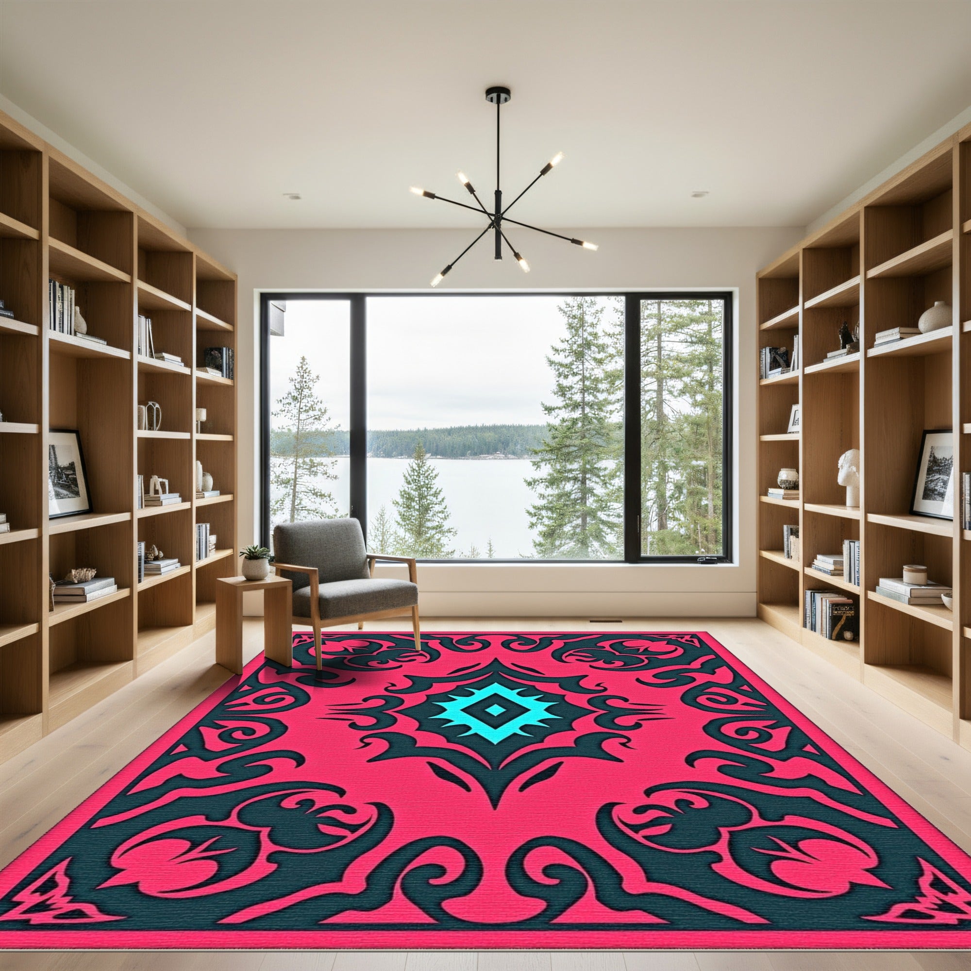 Radiant Pink Teal Diamond Medallion Rug