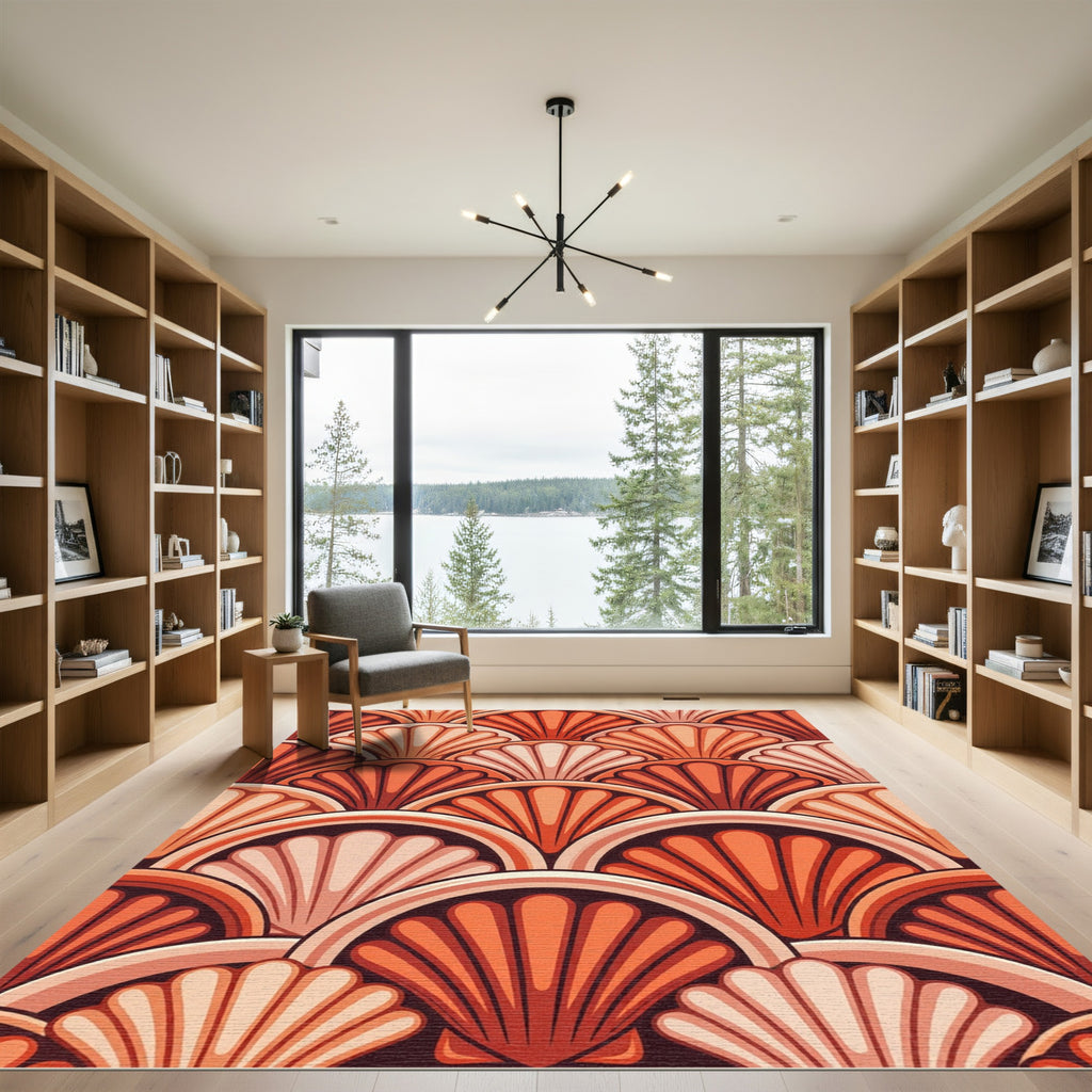 Art Deco Orange Fan Overlap Rug