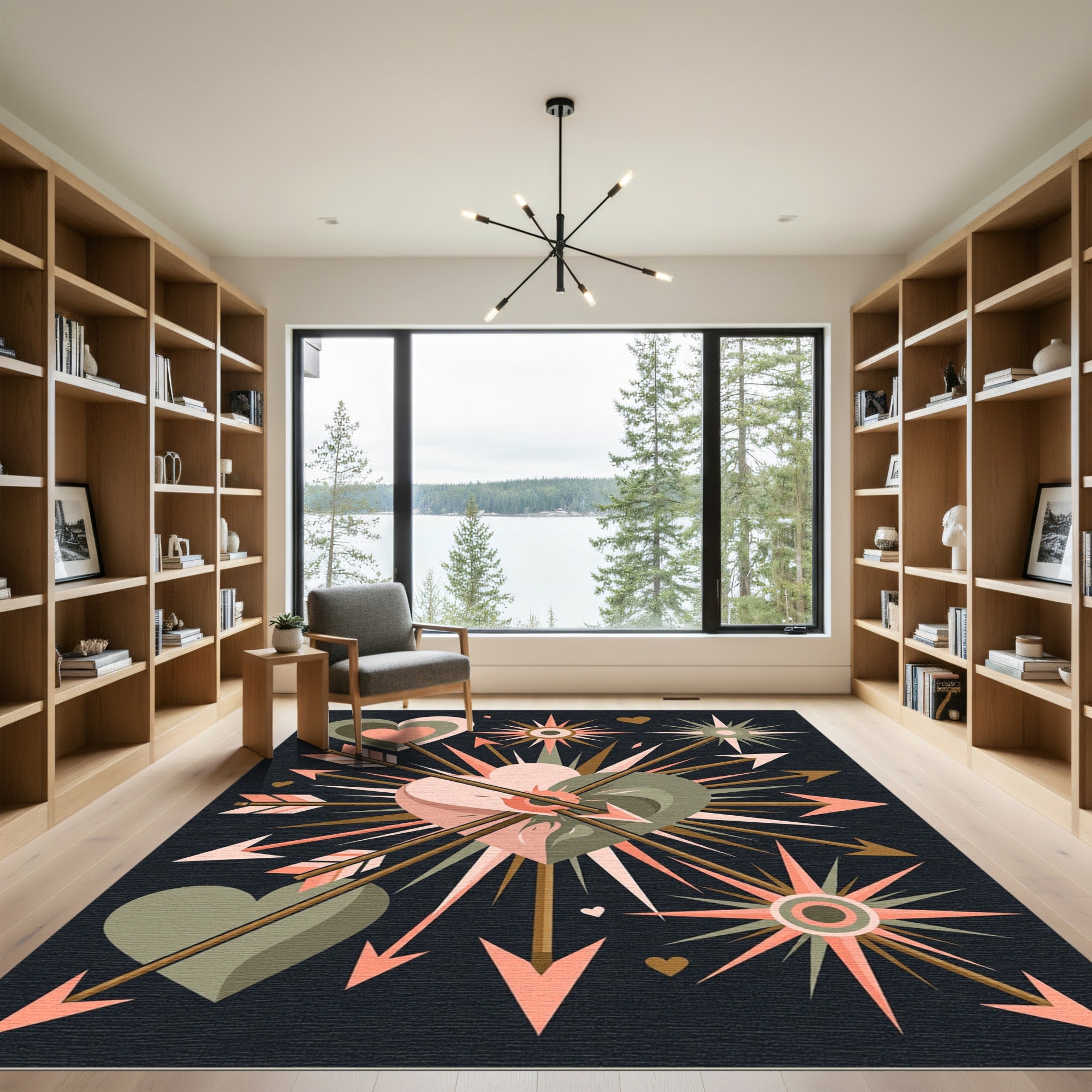 Coral And Olive Heart Arrow Burst Rug