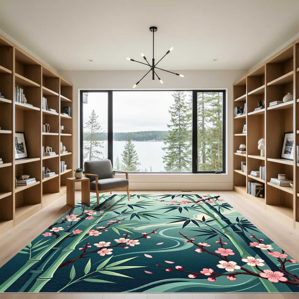 Serene Bamboo and Cherry Blossom Landscape Rug