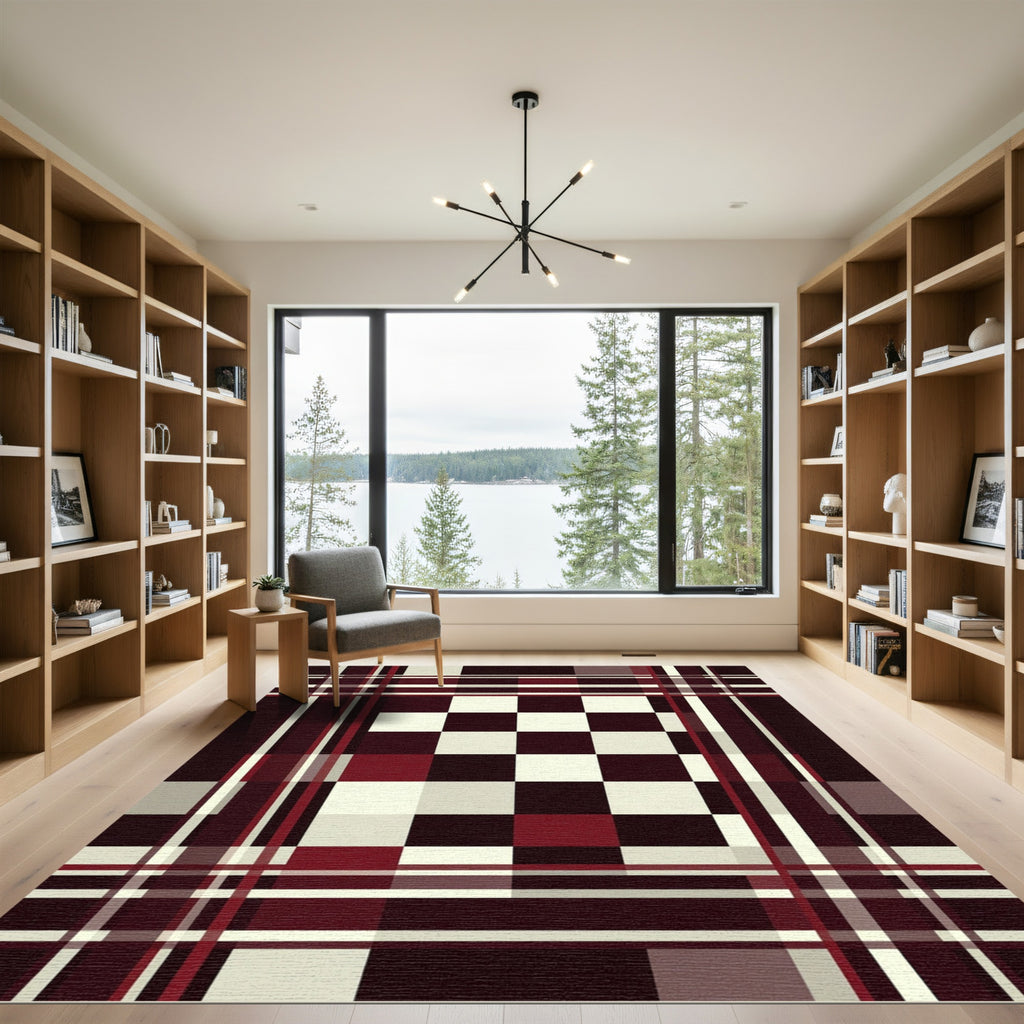 Deep Red White Plaid Checkerboard Rug