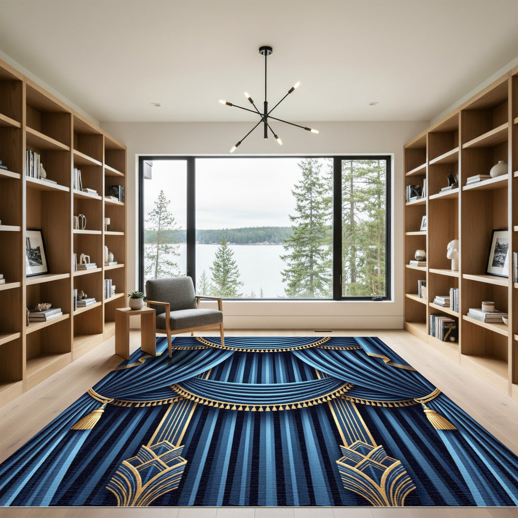 Elegant Gold Trimmed Blue Drapes Rug