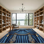 Elegant Gold Trimmed Blue Drapes Rug