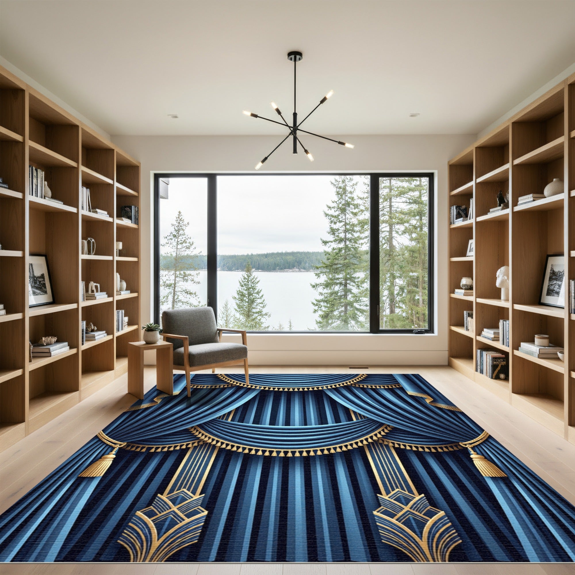 Elegant Gold Trimmed Blue Drapes Rug