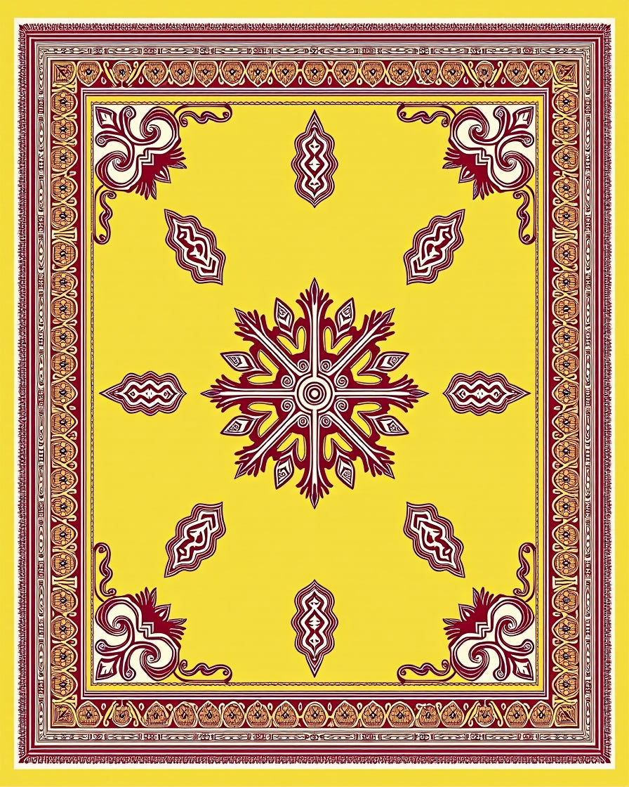 Vibrant Yellow Burgundy Floral Medallion Border Rug